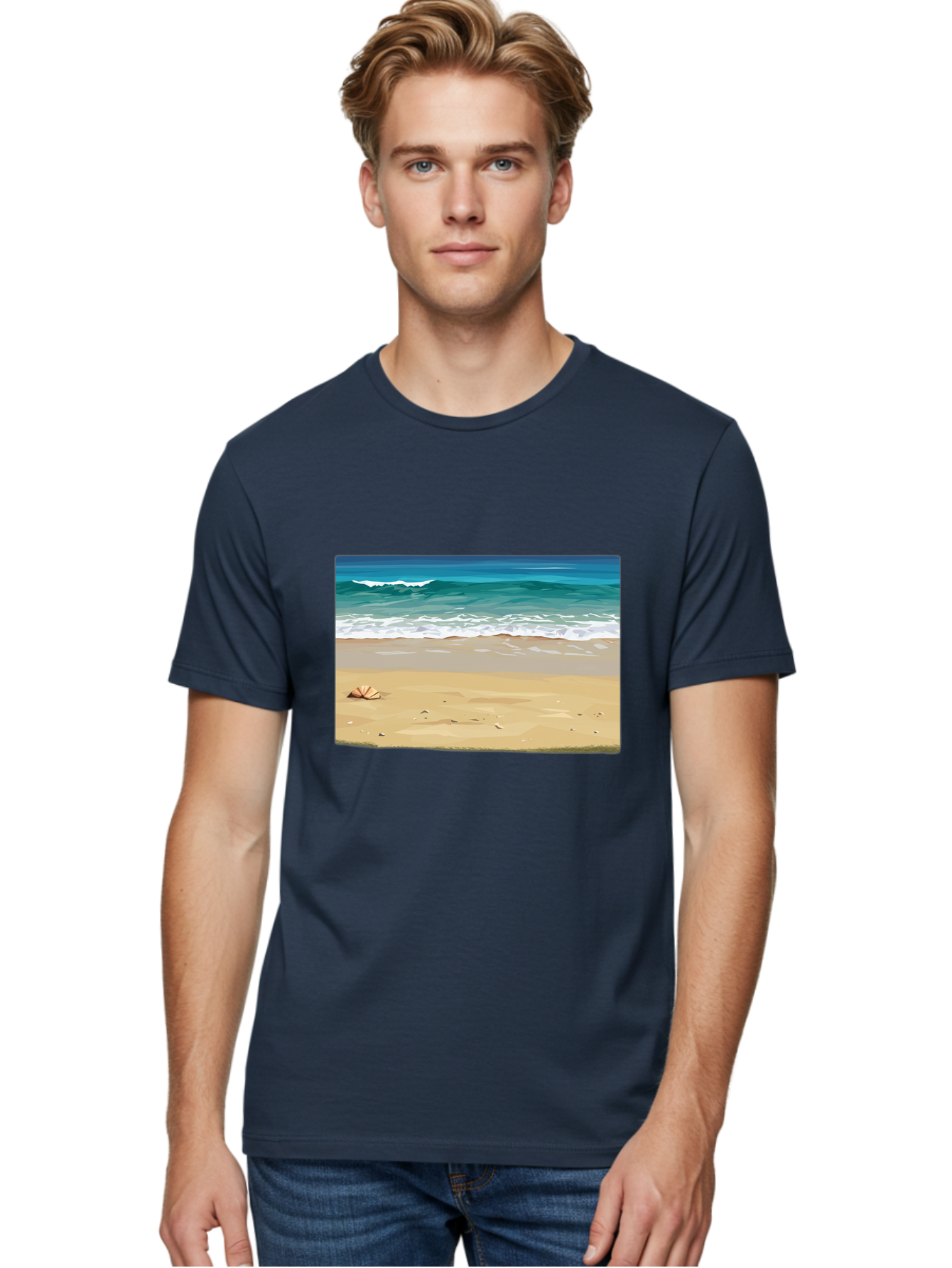 Beach-Scene-2 Men'S Graphic Tee, 100% Cotton, Comfortable Casual Summer Wear, Machine Washable, Vintage Camera, Old Camera, Antique Camera, Black Camera, Classic Photography, Photography Equipment, Nostalgic Device, Film Camera, Camera Art Bak037