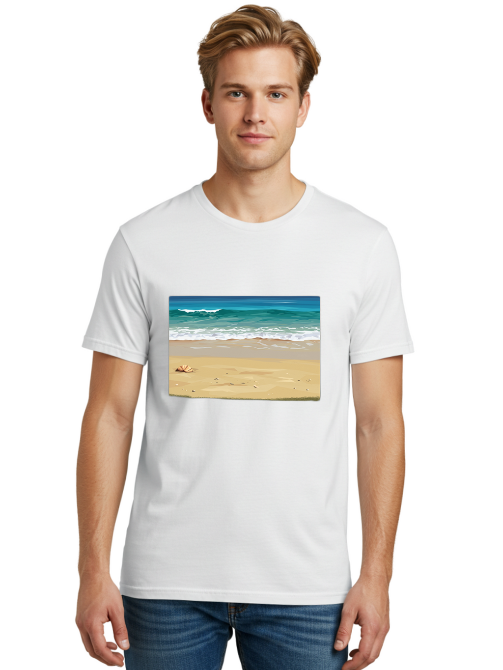 Beach-Scene-2 Men'S Graphic Tee, 100% Cotton, Comfortable Casual Summer Wear, Machine Washable, Vintage Camera, Old Camera, Antique Camera, Black Camera, Classic Photography, Photography Equipment, Nostalgic Device, Film Camera, Camera Art Bak037