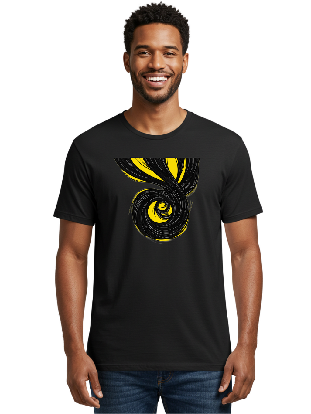 Black-And-Yellow-Swirl Men'S Graphic Tee, 100% Cotton, Comfortable Casual Summer Wear, Machine Washable, Vintage Camera, Old Camera, Antique Camera, Black Camera, Classic Photography, Photography Equipment, Nostalgic Device, Film Camera, Bak056