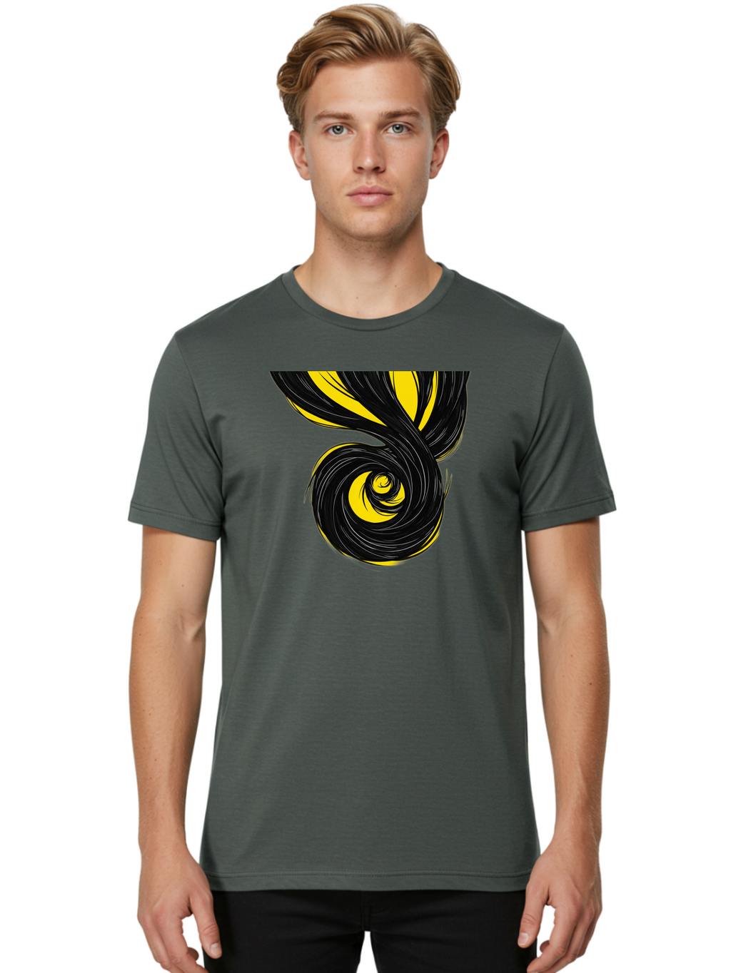 Black-And-Yellow-Swirl Men'S Graphic Tee, 100% Cotton, Comfortable Casual Summer Wear, Machine Washable, Vintage Camera, Old Camera, Antique Camera, Black Camera, Classic Photography, Photography Equipment, Nostalgic Device, Film Camera, Bak056