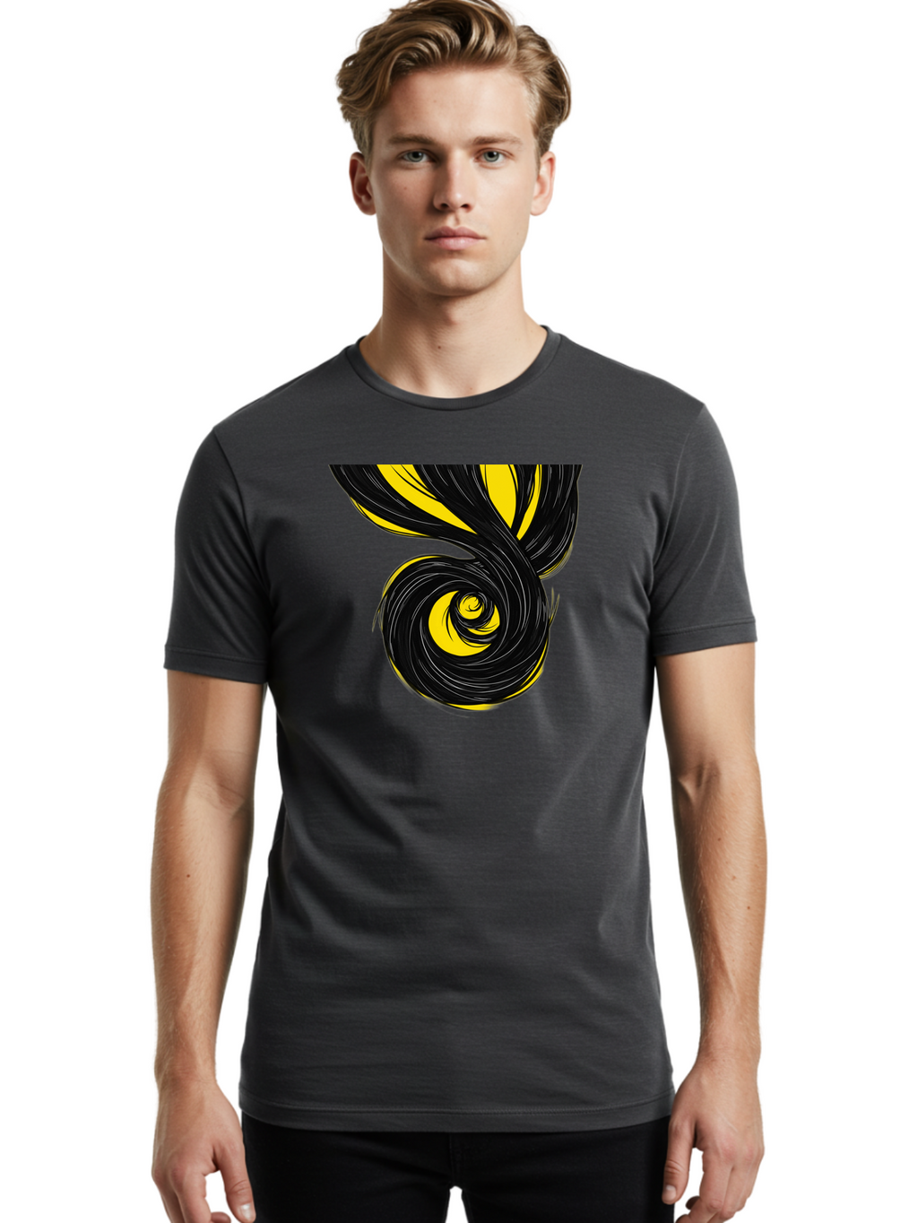Black-And-Yellow-Swirl Men'S Graphic Tee, 100% Cotton, Comfortable Casual Summer Wear, Machine Washable, Vintage Camera, Old Camera, Antique Camera, Black Camera, Classic Photography, Photography Equipment, Nostalgic Device, Film Camera, Bak056