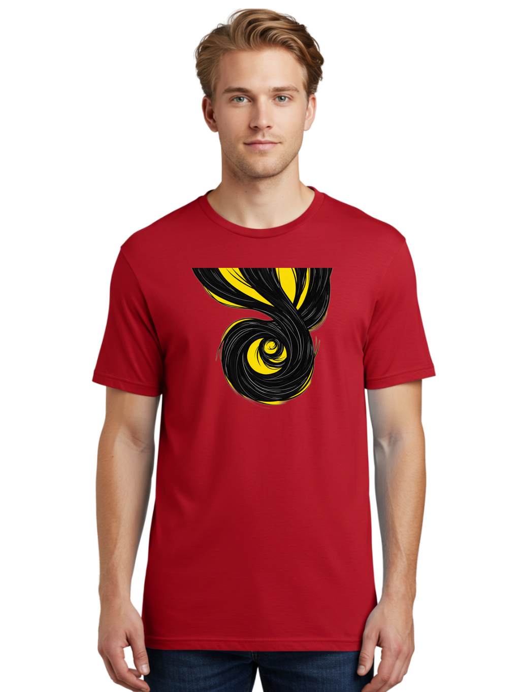 Black-And-Yellow-Swirl Men'S Graphic Tee, 100% Cotton, Comfortable Casual Summer Wear, Machine Washable, Vintage Camera, Old Camera, Antique Camera, Black Camera, Classic Photography, Photography Equipment, Nostalgic Device, Film Camera, Bak056