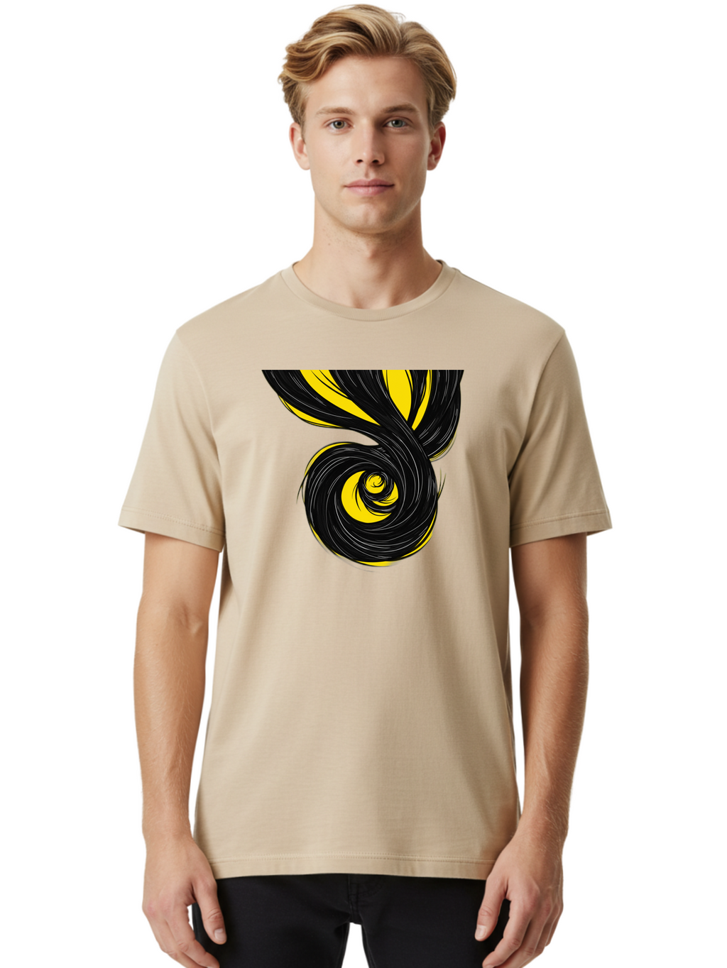 Black-And-Yellow-Swirl Men'S Graphic Tee, 100% Cotton, Comfortable Casual Summer Wear, Machine Washable, Vintage Camera, Old Camera, Antique Camera, Black Camera, Classic Photography, Photography Equipment, Nostalgic Device, Film Camera, Bak056