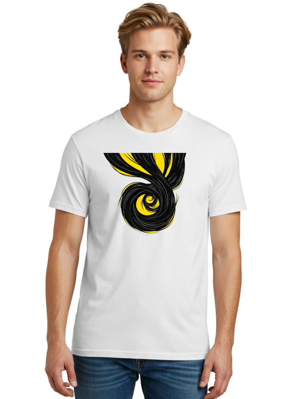 Black-And-Yellow-Swirl Men'S Graphic Tee, 100% Cotton, Comfortable Casual Summer Wear, Machine Washable, Vintage Camera, Old Camera, Antique Camera, Black Camera, Classic Photography, Photography Equipment, Nostalgic Device, Film Camera, Bak056