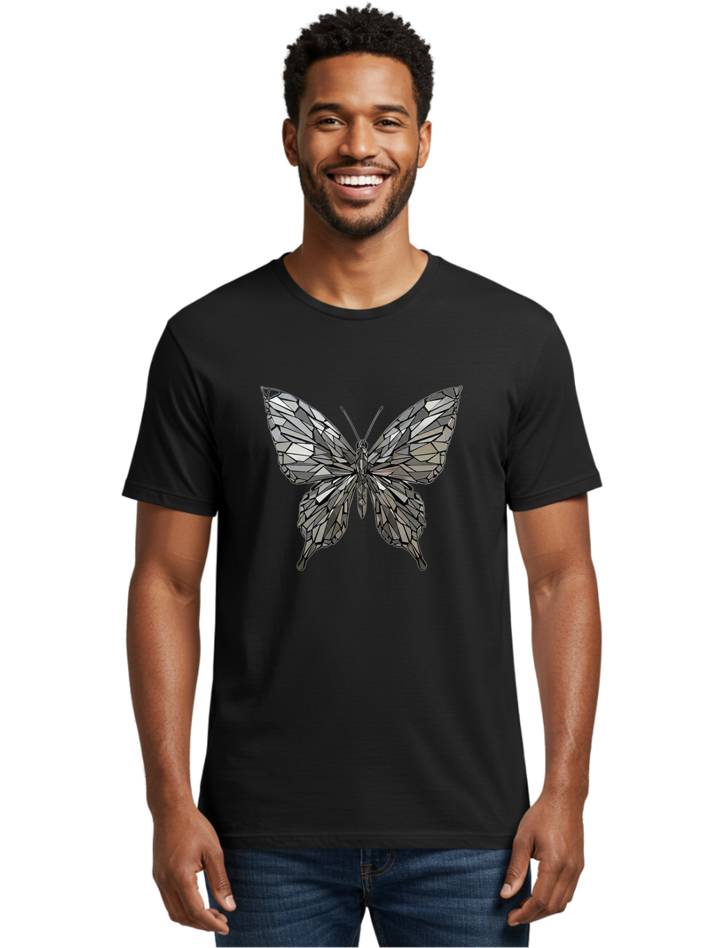 Black-Butterfly-Mosaic Men'S Graphic Tee, 100% Cotton, Comfortable Casual Summer Wear, Machine Washable, Vintage Camera, Old Camera, Antique Camera, Black Camera, Classic Photography, Photography Equipment, Nostalgic Device, Film Camera, Bak059