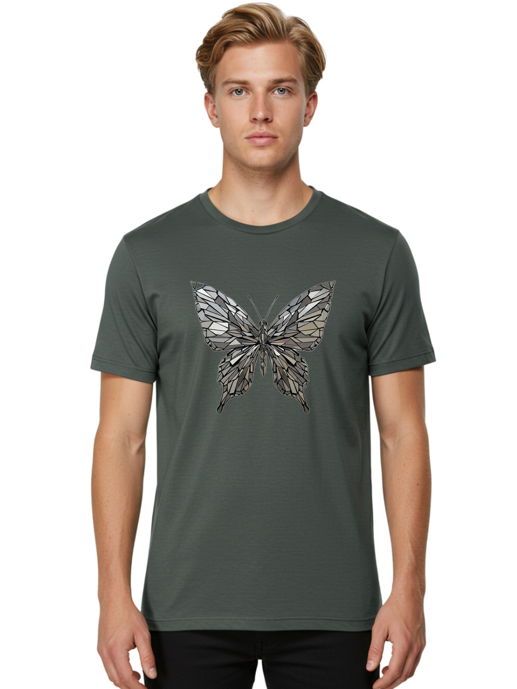 Black-Butterfly-Mosaic Men'S Graphic Tee, 100% Cotton, Comfortable Casual Summer Wear, Machine Washable, Vintage Camera, Old Camera, Antique Camera, Black Camera, Classic Photography, Photography Equipment, Nostalgic Device, Film Camera, Bak059