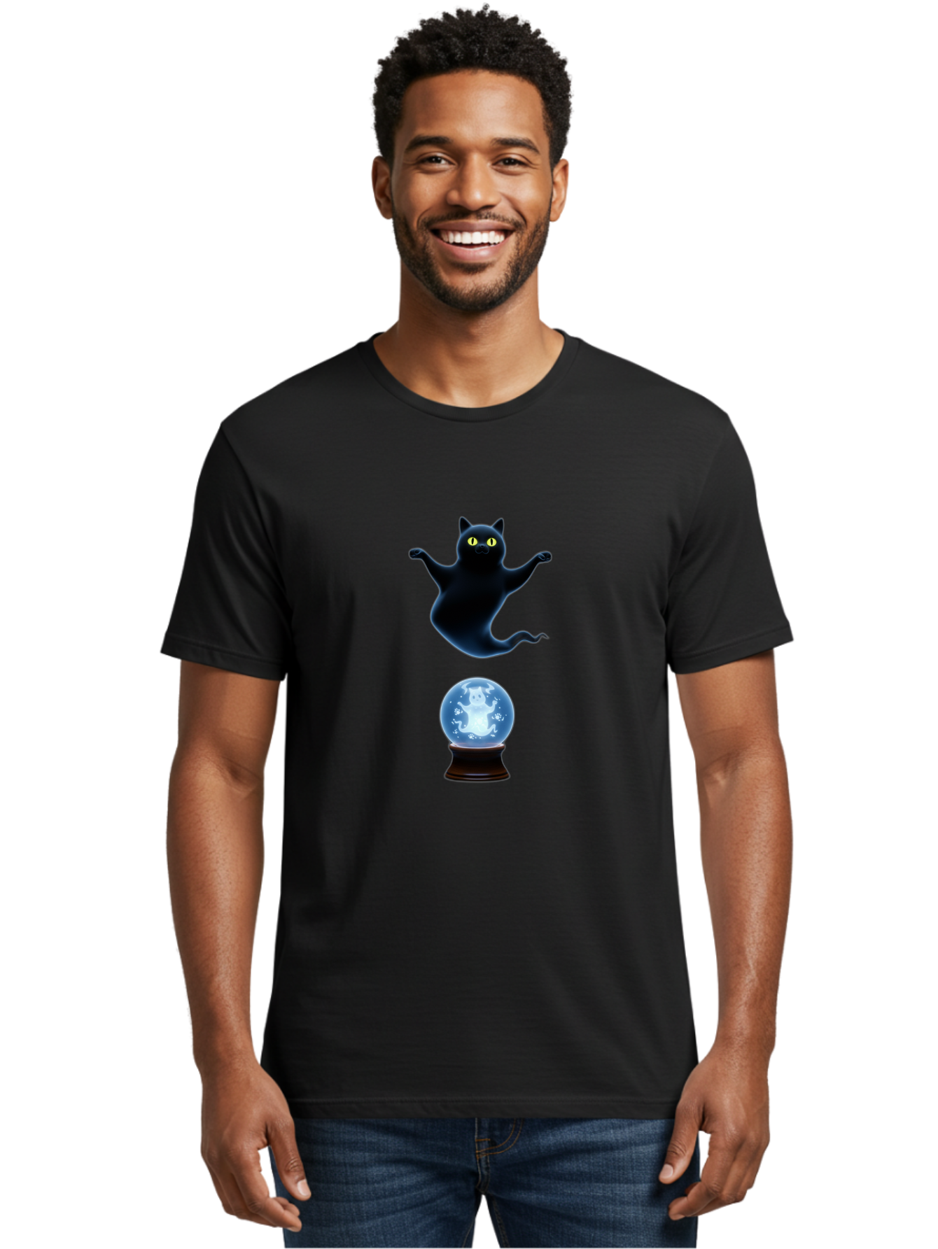 Black-Cat-And-Crystal-Ball Men'S Graphic Tee, 100% Cotton, Comfortable Casual Summer Wear, Machine Washable, Vintage Camera, Old Camera, Antique Camera, Black Camera, Classic Photography, Photography Equipment, Nostalgic Device, Film Camera, Bak061