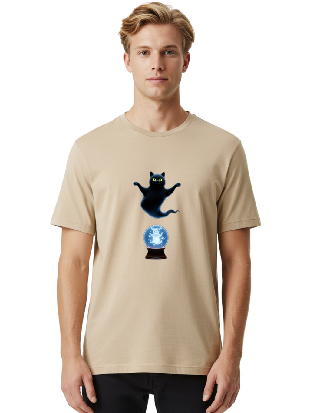 Black-Cat-And-Crystal-Ball Men'S Graphic Tee, 100% Cotton, Comfortable Casual Summer Wear, Machine Washable, Vintage Camera, Old Camera, Antique Camera, Black Camera, Classic Photography, Photography Equipment, Nostalgic Device, Film Camera, Bak061