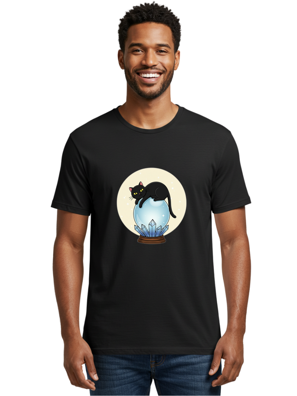 Black-Cat-Crystal-Ball Men'S Graphic Tee, 100% Cotton, Comfortable Casual Summer Wear, Machine Washable, Vintage Camera, Old Camera, Antique Camera, Black Camera, Classic Photography, Photography Equipment, Nostalgic Device, Film Camera, Bak062
