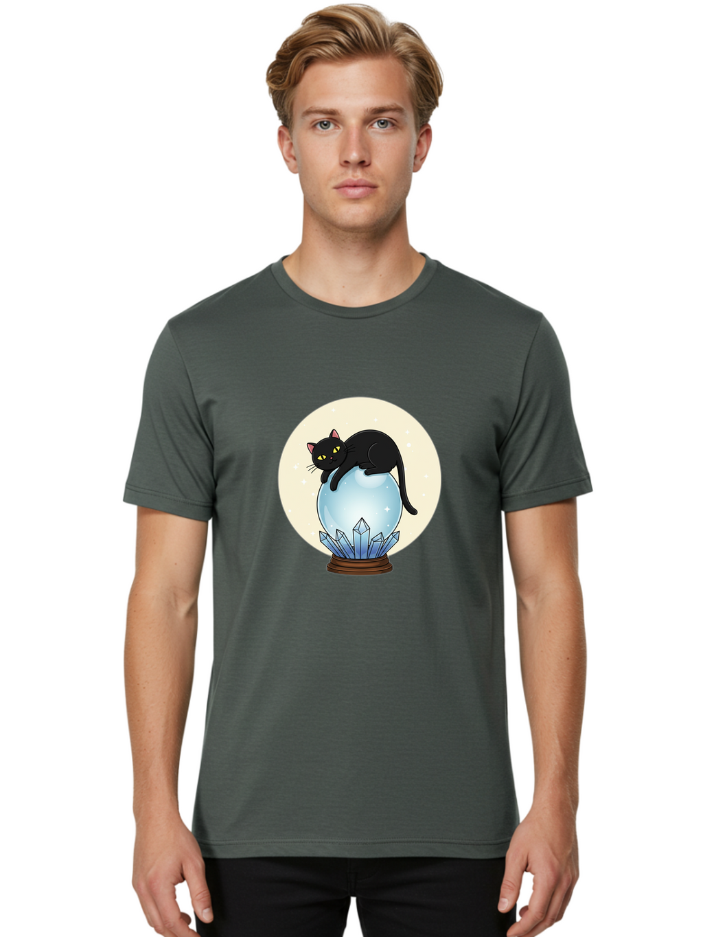 Black-Cat-Crystal-Ball Men'S Graphic Tee, 100% Cotton, Comfortable Casual Summer Wear, Machine Washable, Vintage Camera, Old Camera, Antique Camera, Black Camera, Classic Photography, Photography Equipment, Nostalgic Device, Film Camera, Bak062