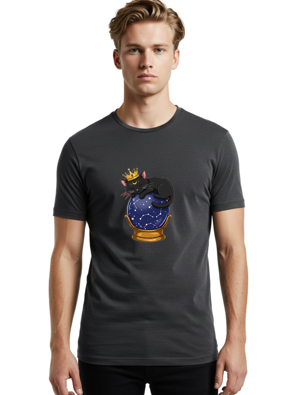 Black-Cat-On-Crystal-Ball-1 Men'S Graphic Tee, 100% Cotton, Comfortable Casual Summer Wear, Machine Washable, Vintage Camera, Old Camera, Antique Camera, Black Camera, Classic Photography, Photography Equipment, Nostalgic Device, Film Camera, Bak063