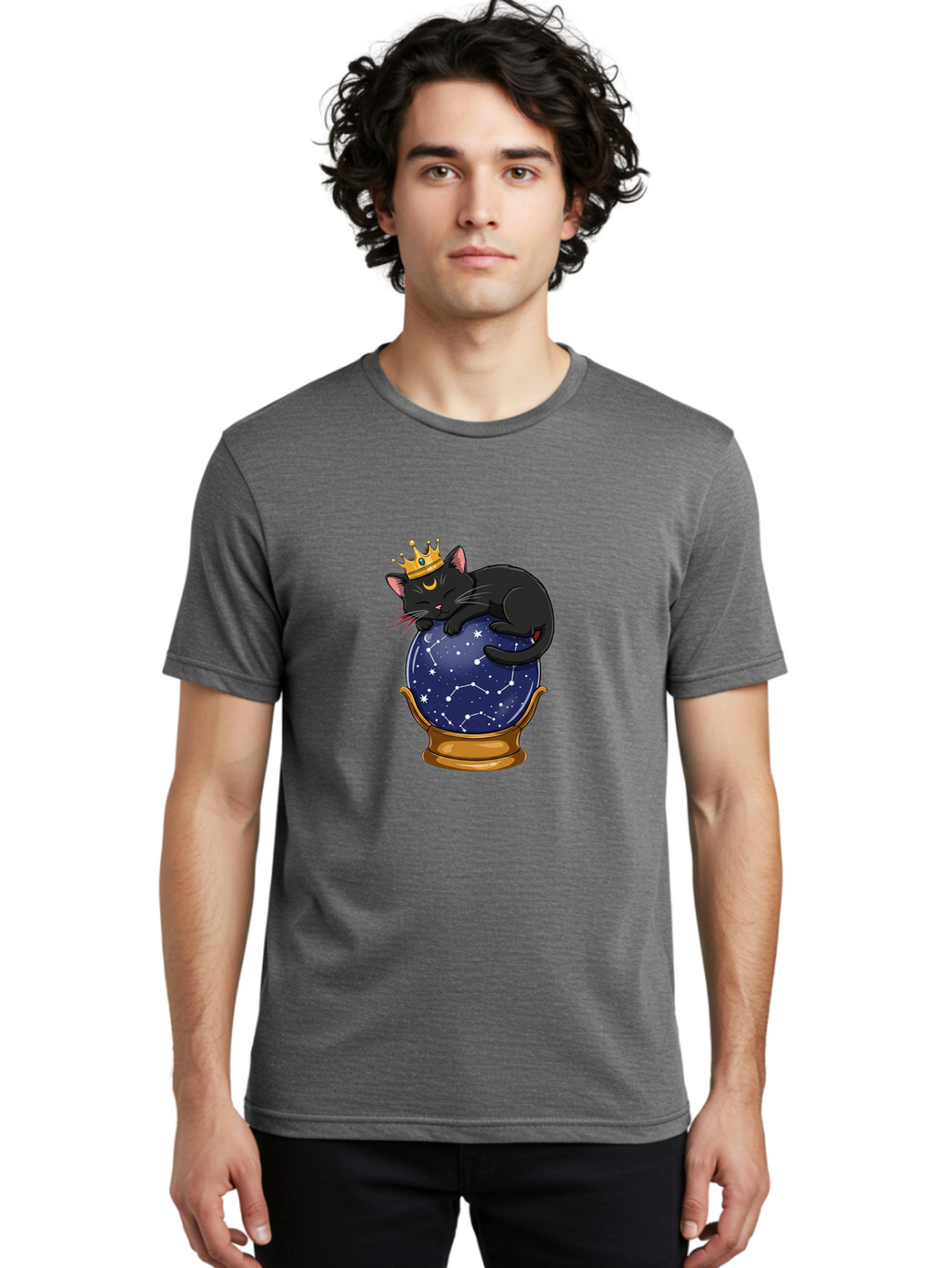 Black-Cat-On-Crystal-Ball-1 Men'S Graphic Tee, 100% Cotton, Comfortable Casual Summer Wear, Machine Washable, Vintage Camera, Old Camera, Antique Camera, Black Camera, Classic Photography, Photography Equipment, Nostalgic Device, Film Camera, Bak063