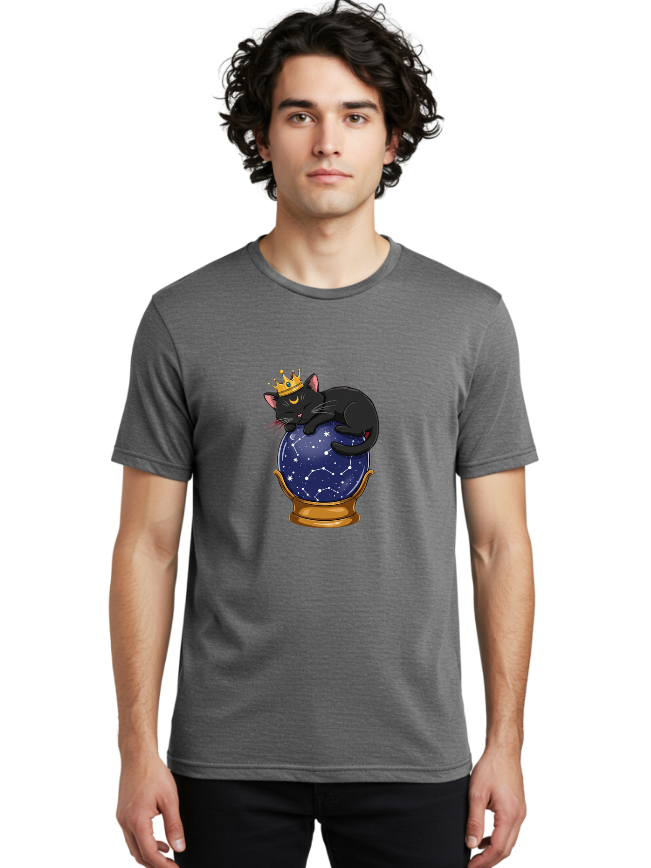 Black-Cat-On-Crystal-Ball-1 Men'S Graphic Tee, 100% Cotton, Comfortable Casual Summer Wear, Machine Washable, Vintage Camera, Old Camera, Antique Camera, Black Camera, Classic Photography, Photography Equipment, Nostalgic Device, Film Camera, Bak063