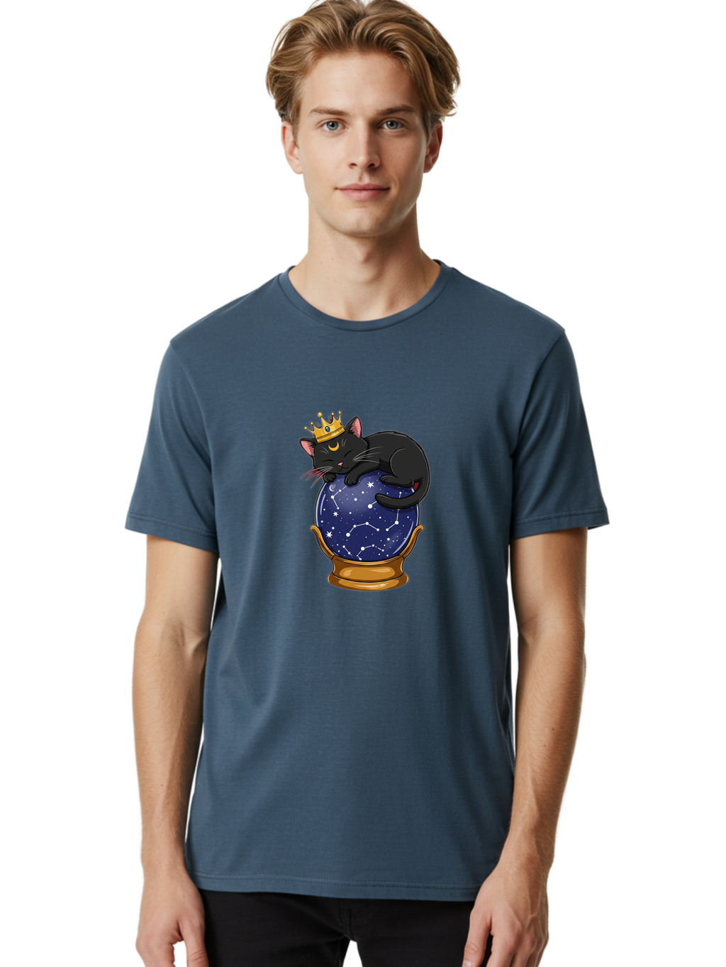 Black-Cat-On-Crystal-Ball-1 Men'S Graphic Tee, 100% Cotton, Comfortable Casual Summer Wear, Machine Washable, Vintage Camera, Old Camera, Antique Camera, Black Camera, Classic Photography, Photography Equipment, Nostalgic Device, Film Camera, Bak063