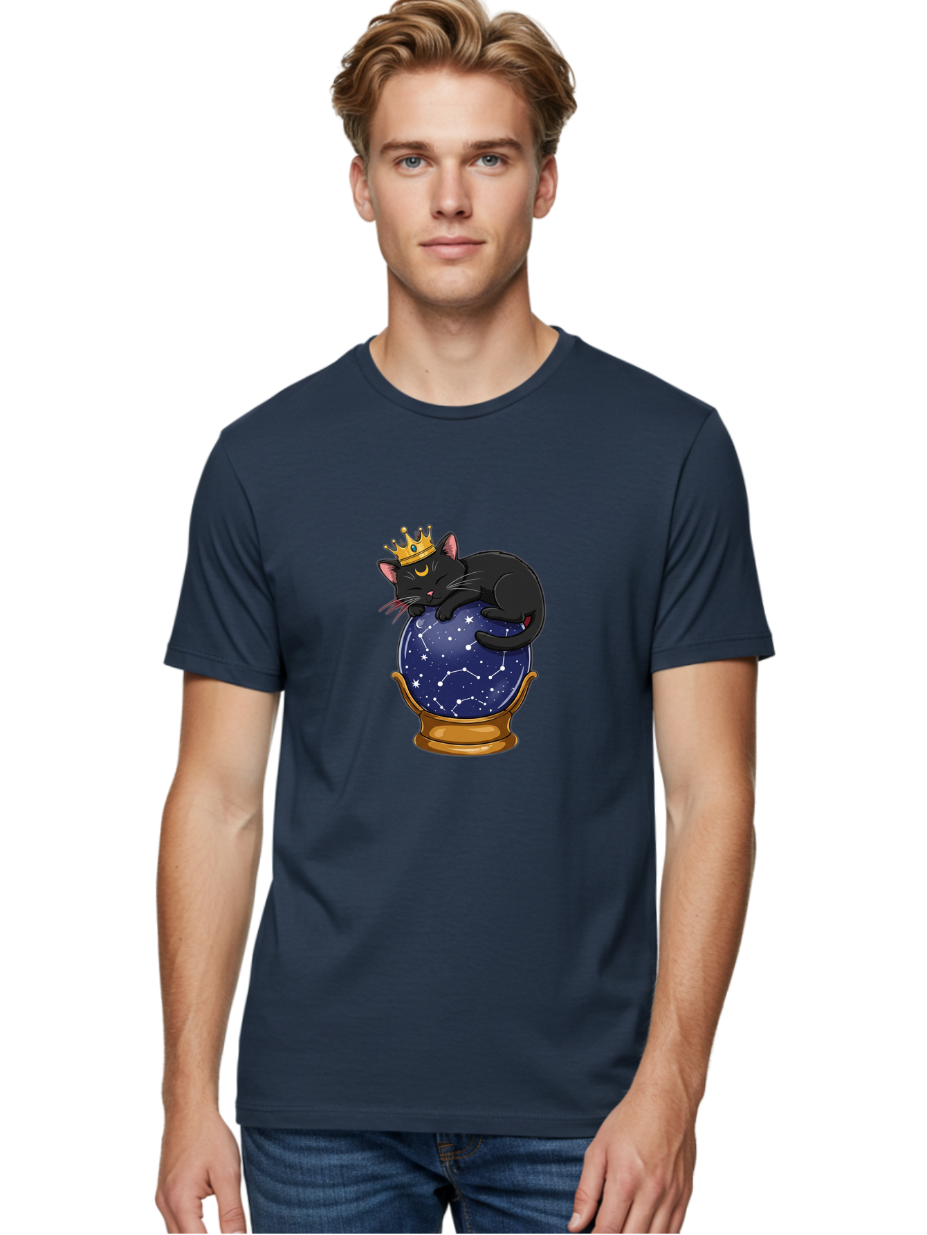 Black-Cat-On-Crystal-Ball-1 Men'S Graphic Tee, 100% Cotton, Comfortable Casual Summer Wear, Machine Washable, Vintage Camera, Old Camera, Antique Camera, Black Camera, Classic Photography, Photography Equipment, Nostalgic Device, Film Camera, Bak063