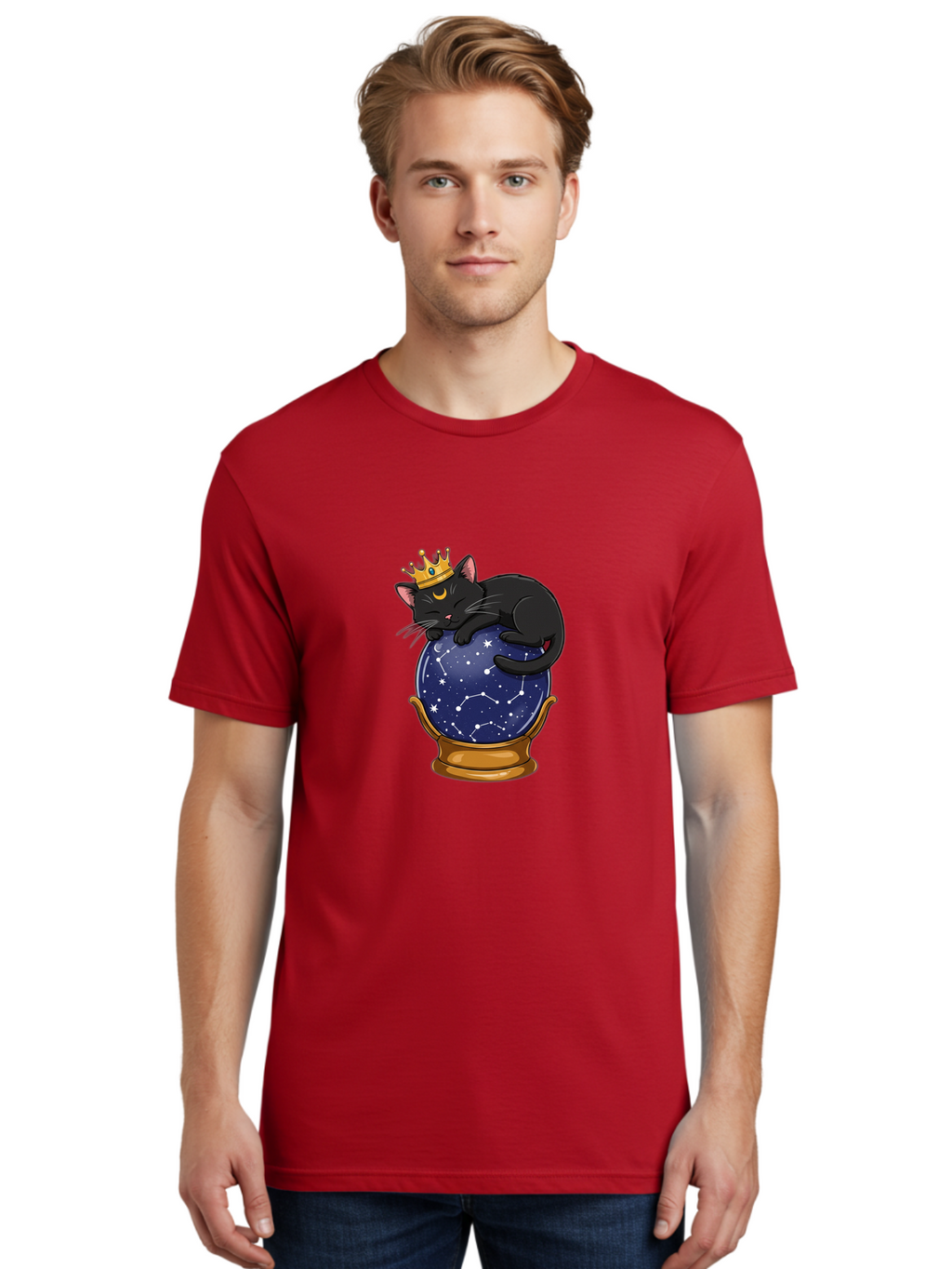 Black-Cat-On-Crystal-Ball-1 Men'S Graphic Tee, 100% Cotton, Comfortable Casual Summer Wear, Machine Washable, Vintage Camera, Old Camera, Antique Camera, Black Camera, Classic Photography, Photography Equipment, Nostalgic Device, Film Camera, Bak063