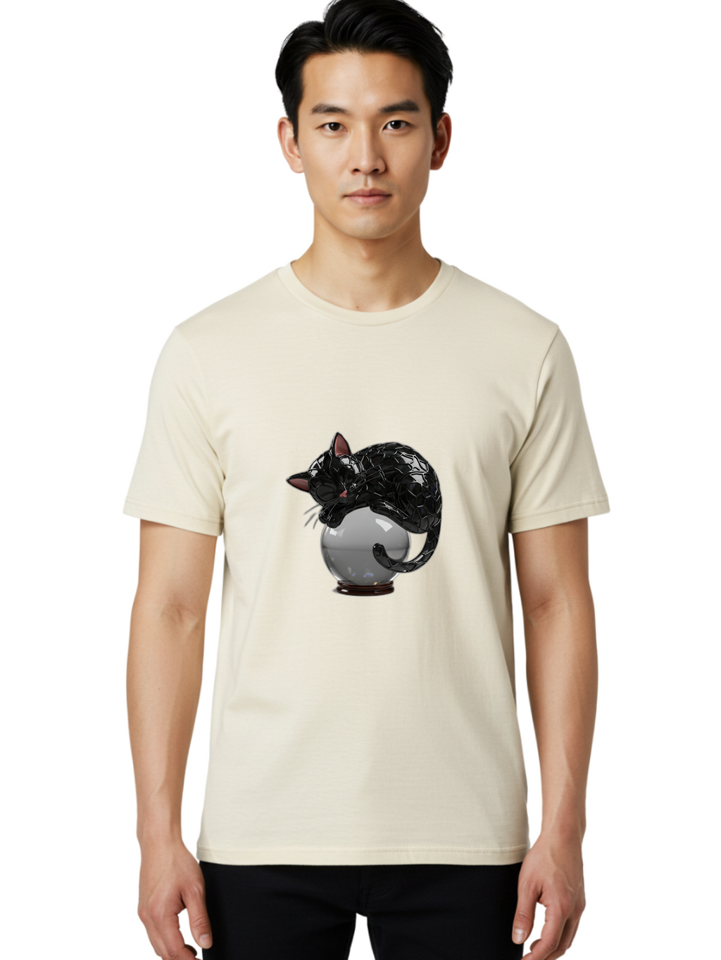 Black-Cat-On-Crystal-Ball-2 Men'S Graphic Tee, 100% Cotton, Comfortable Casual Summer Wear, Machine Washable, Vintage Camera, Old Camera, Antique Camera, Black Camera, Classic Photography, Photography Equipment, Nostalgic Device, Film Camera, Bak064
