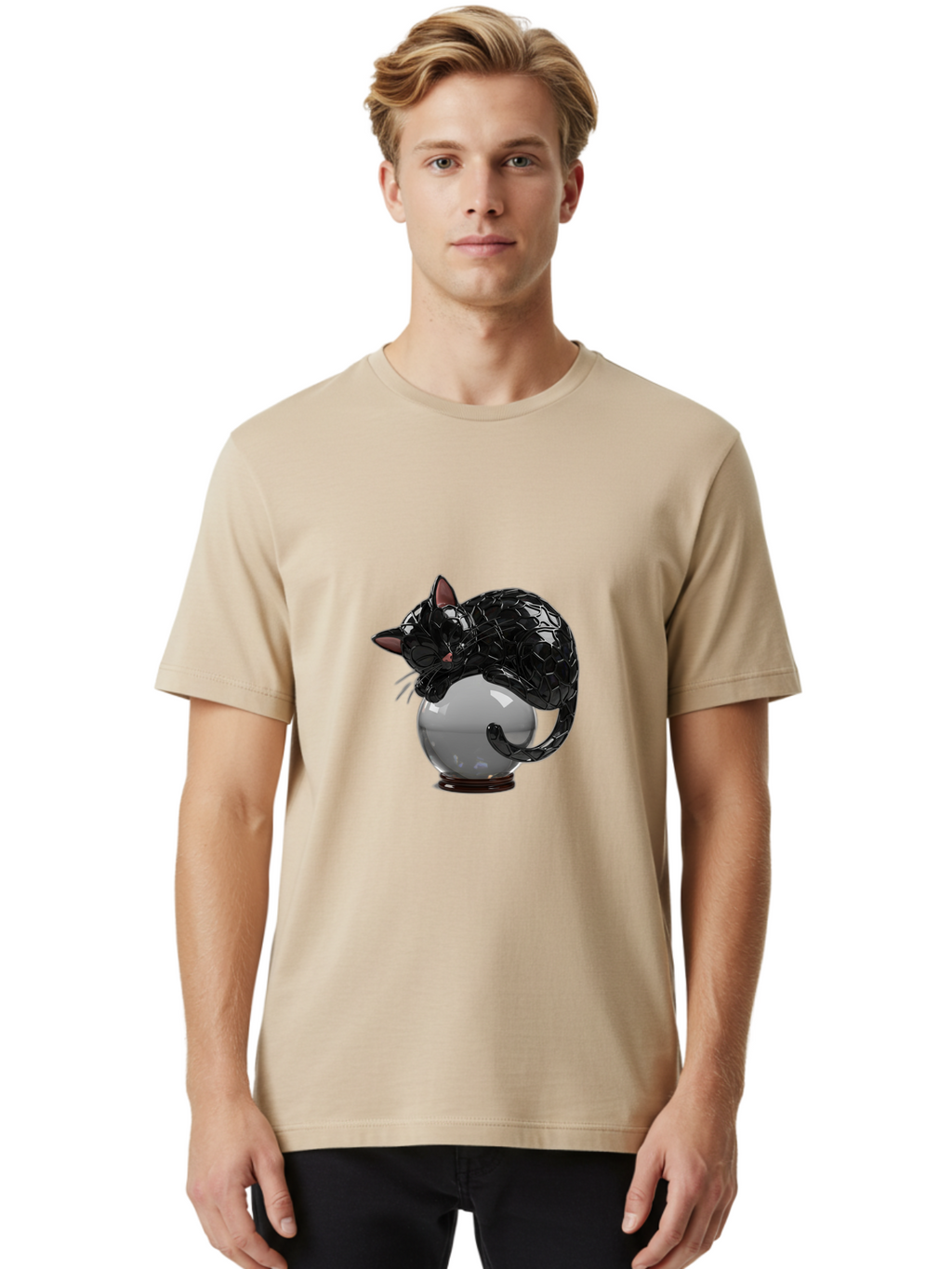 Black-Cat-On-Crystal-Ball-2 Men'S Graphic Tee, 100% Cotton, Comfortable Casual Summer Wear, Machine Washable, Vintage Camera, Old Camera, Antique Camera, Black Camera, Classic Photography, Photography Equipment, Nostalgic Device, Film Camera, Bak064