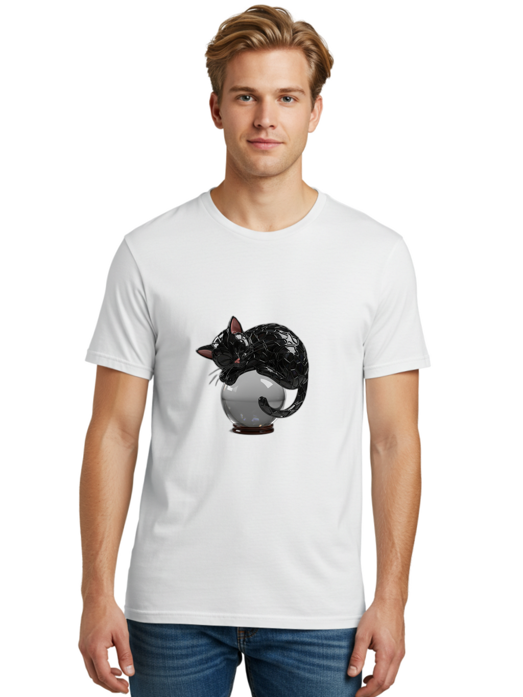 Black-Cat-On-Crystal-Ball-2 Men'S Graphic Tee, 100% Cotton, Comfortable Casual Summer Wear, Machine Washable, Vintage Camera, Old Camera, Antique Camera, Black Camera, Classic Photography, Photography Equipment, Nostalgic Device, Film Camera, Bak064