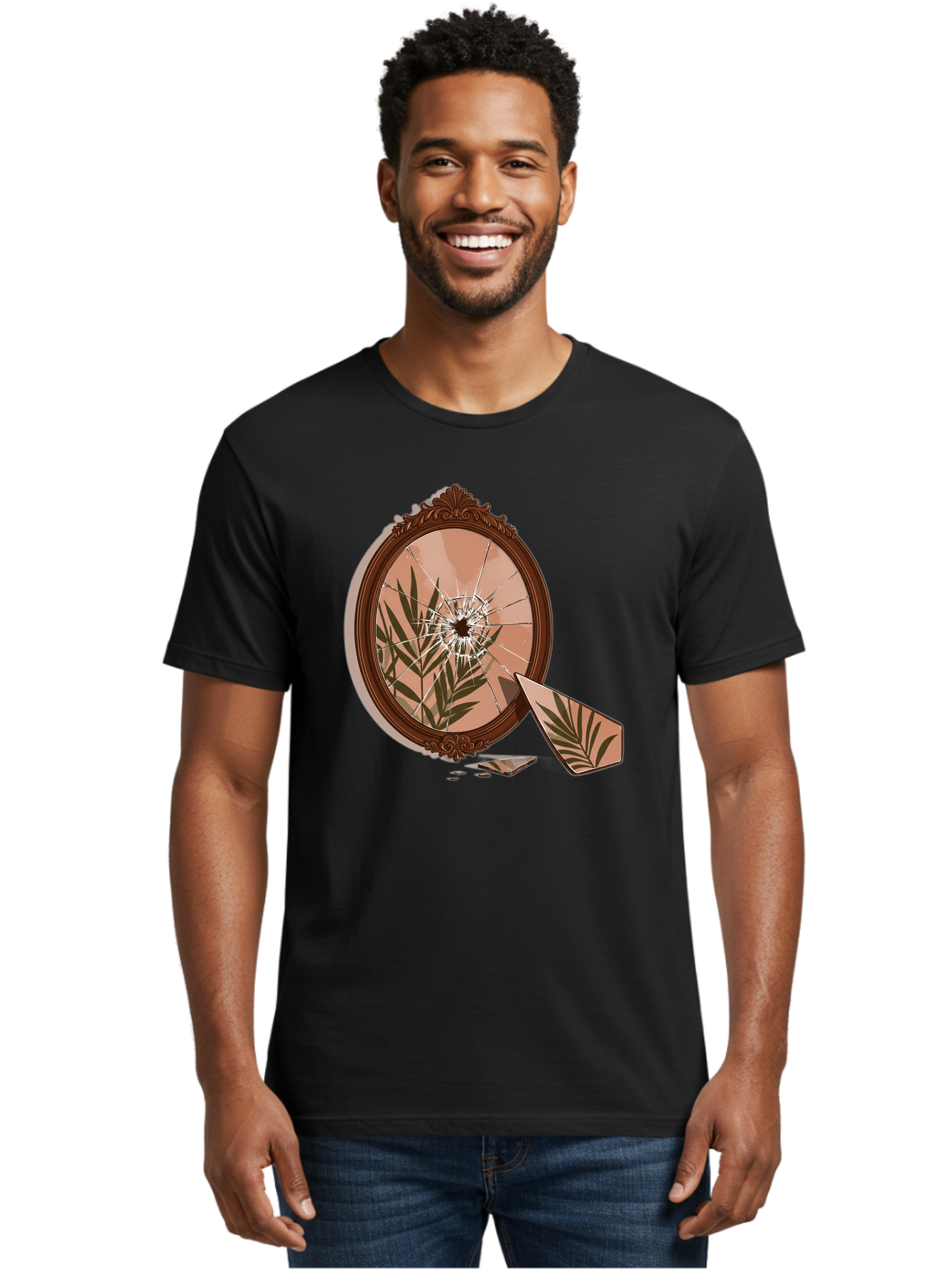 Broken-Mirror-With-Cannabis-Leaf Men'S Graphic Tee, 100% Cotton, Comfortable Casual Summer Wear, Machine Washable, Vintage Camera, Old Camera, Antique Camera, Black Camera, Classic Photography, Photography Equipment, Nostalgic Device, Bak135