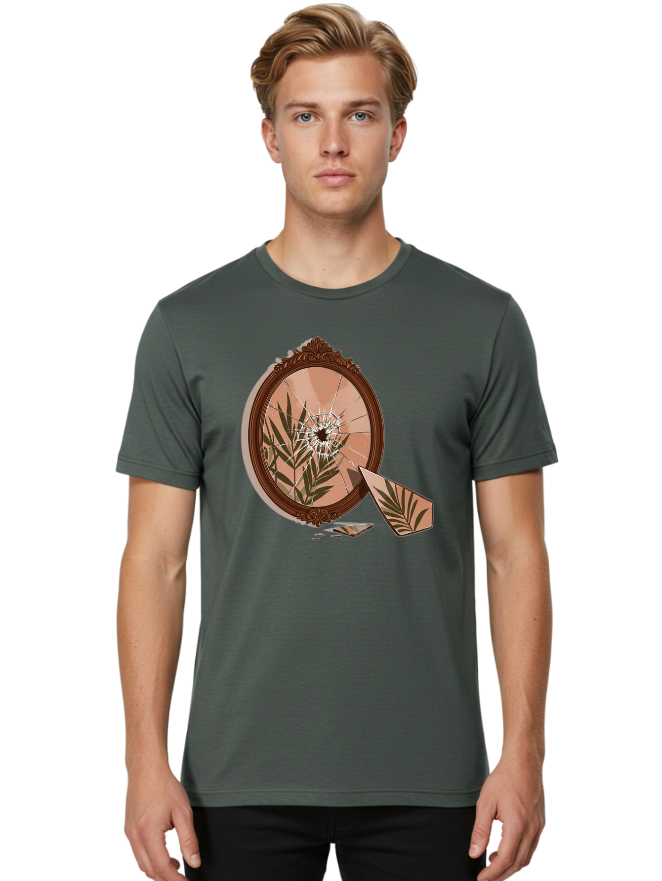 Broken-Mirror-With-Cannabis-Leaf Men'S Graphic Tee, 100% Cotton, Comfortable Casual Summer Wear, Machine Washable, Vintage Camera, Old Camera, Antique Camera, Black Camera, Classic Photography, Photography Equipment, Nostalgic Device, Bak135