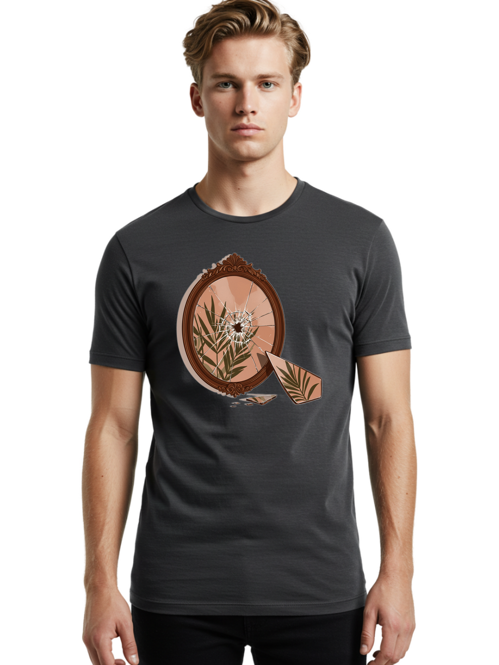 Broken-Mirror-With-Cannabis-Leaf Men'S Graphic Tee, 100% Cotton, Comfortable Casual Summer Wear, Machine Washable, Vintage Camera, Old Camera, Antique Camera, Black Camera, Classic Photography, Photography Equipment, Nostalgic Device, Bak135