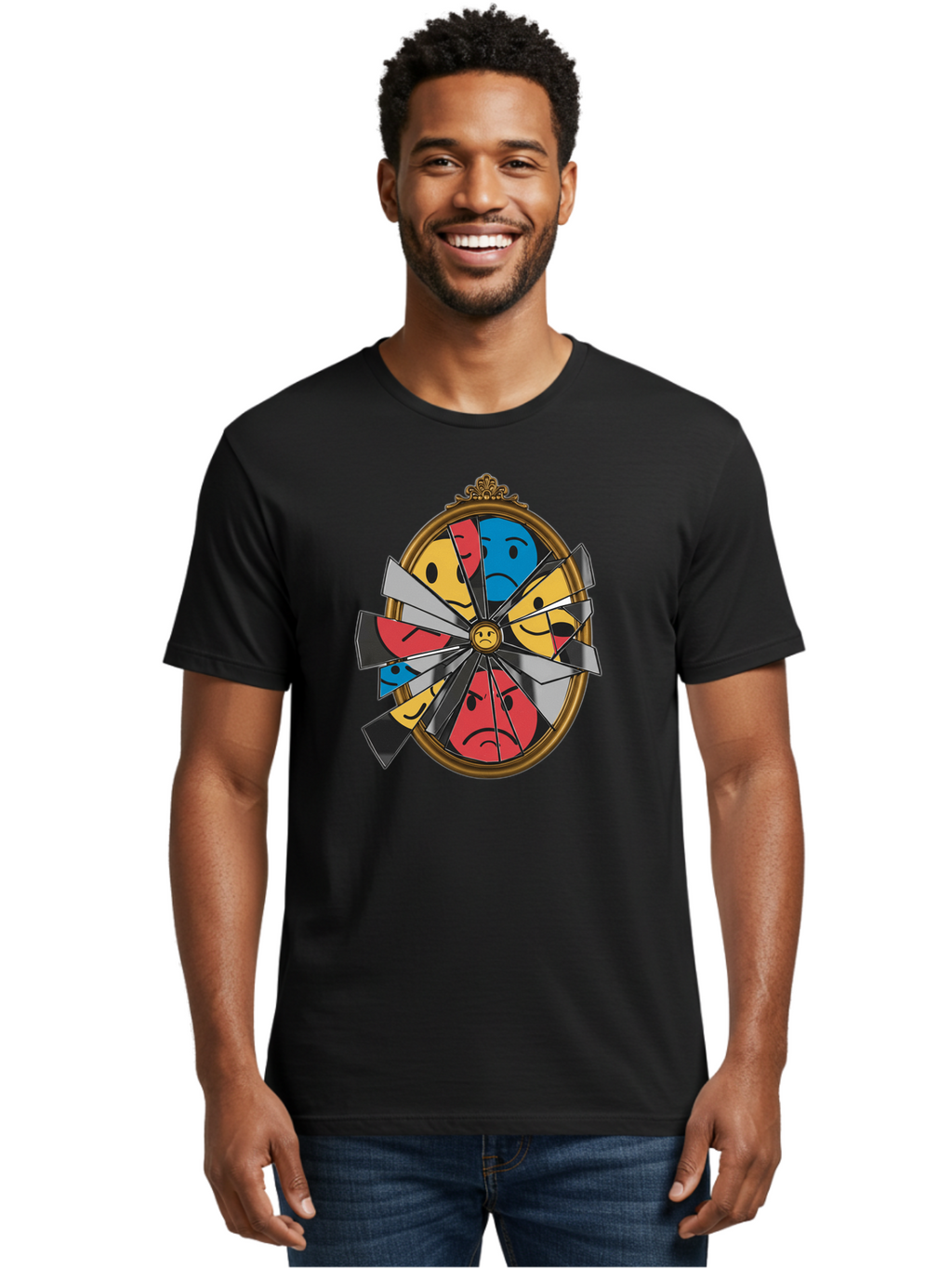 Broken-Mirror-With-Emoticons Men'S Graphic Tee, 100% Cotton, Comfortable Casual Summer Wear, Machine Washable, Vintage Camera, Old Camera, Antique Camera, Black Camera, Classic Photography, Photography Equipment, Nostalgic Device, Film Camera, Bak136