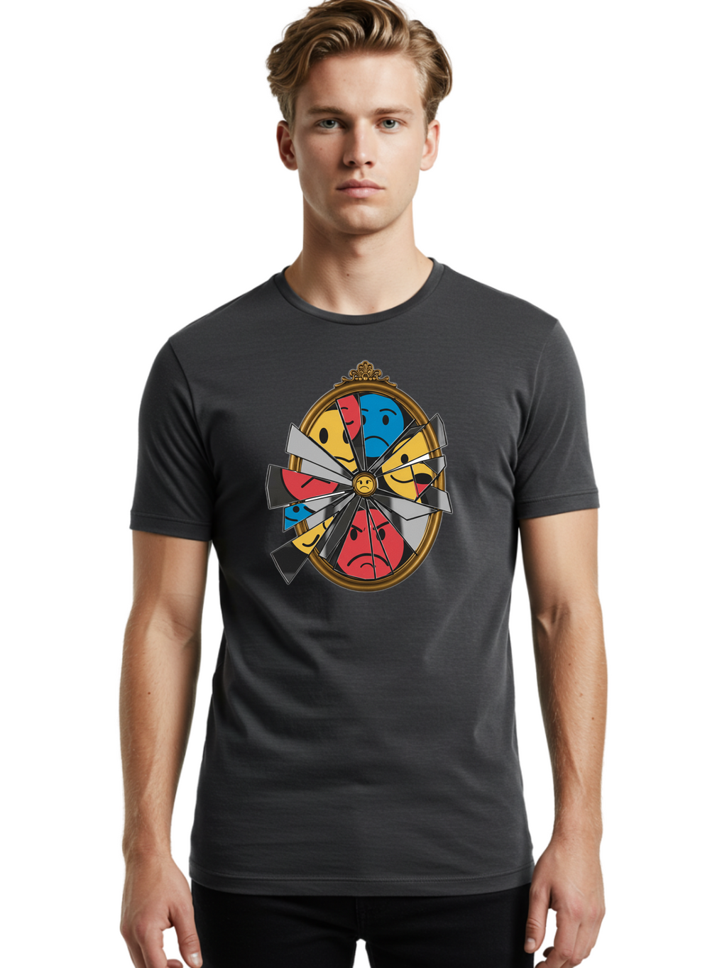 Broken-Mirror-With-Emoticons Men'S Graphic Tee, 100% Cotton, Comfortable Casual Summer Wear, Machine Washable, Vintage Camera, Old Camera, Antique Camera, Black Camera, Classic Photography, Photography Equipment, Nostalgic Device, Film Camera, Bak136