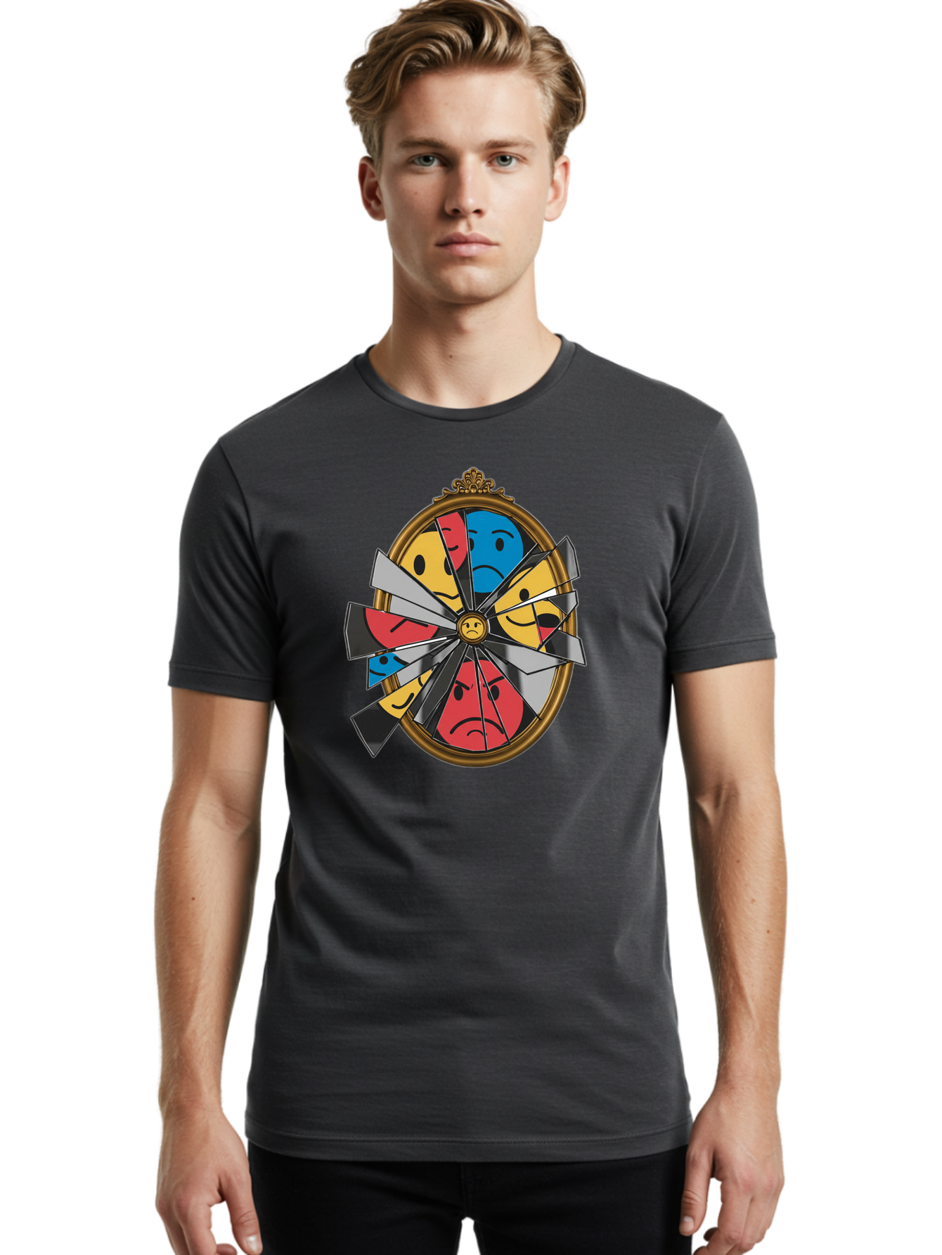 Broken-Mirror-With-Emoticons Men'S Graphic Tee, 100% Cotton, Comfortable Casual Summer Wear, Machine Washable, Vintage Camera, Old Camera, Antique Camera, Black Camera, Classic Photography, Photography Equipment, Nostalgic Device, Film Camera, Bak136