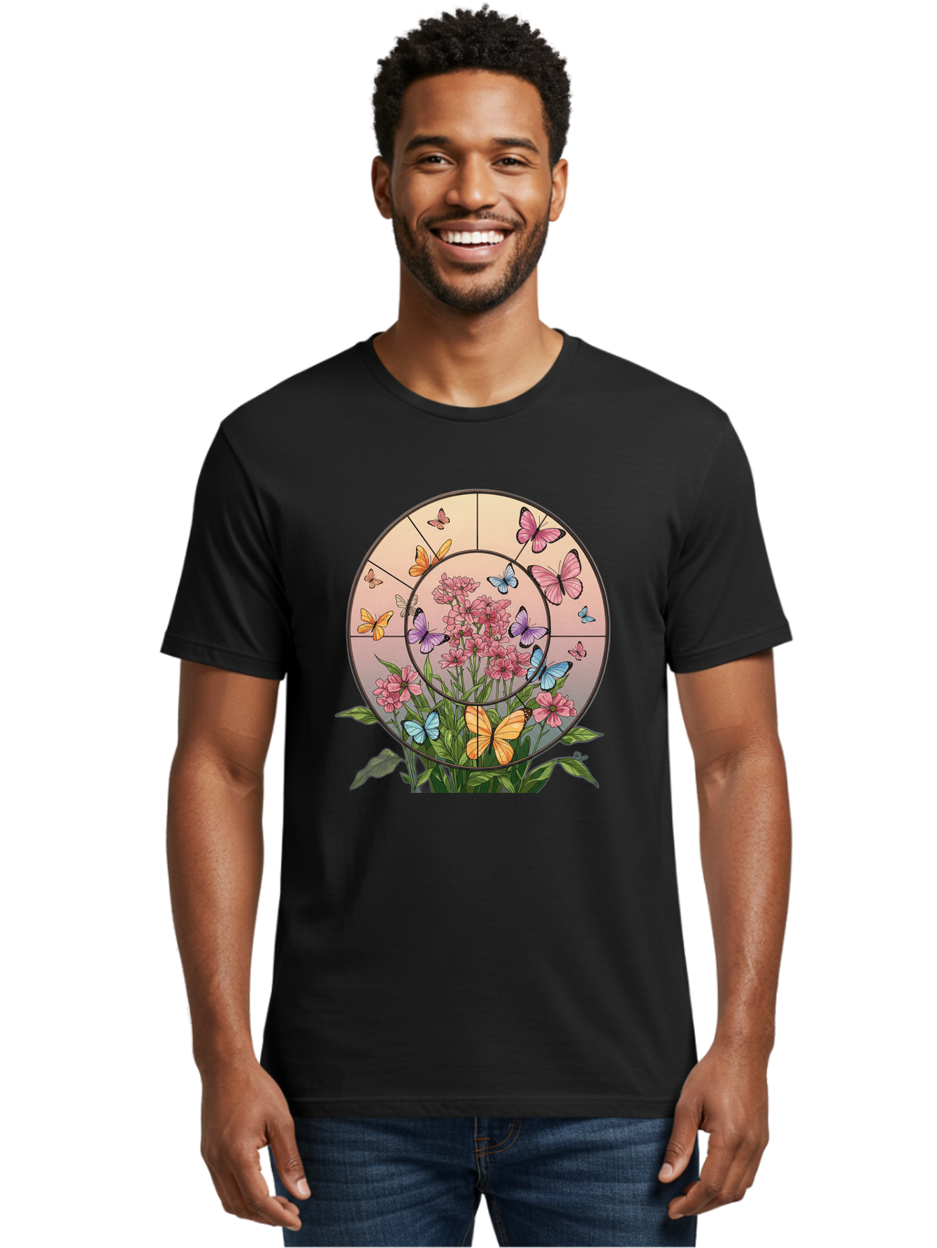 Butterflies-And-Flowers-1 Men'S Graphic Tee, 100% Cotton, Comfortable Casual Summer Wear, Machine Washable, Vintage Camera, Old Camera, Antique Camera, Black Camera, Classic Photography, Photography Equipment, Nostalgic Device, Film Camera, Bak151