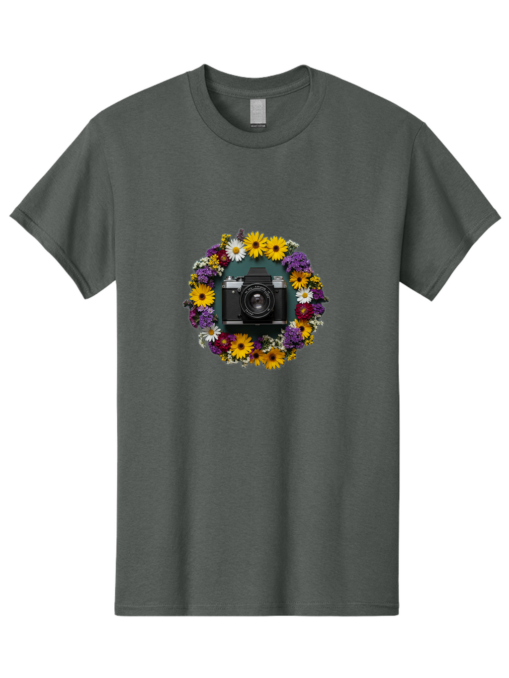 Camera-Lens-Surrounded-By-Flowers Men'S Graphic Tee, 100% Cotton, Comfortable Casual Summer Wear, Machine Washable, Vintage Camera, Old Camera, Antique Camera, Black Camera, Classic Photography, Photography Equipment, Nostalgic Device, Bak168