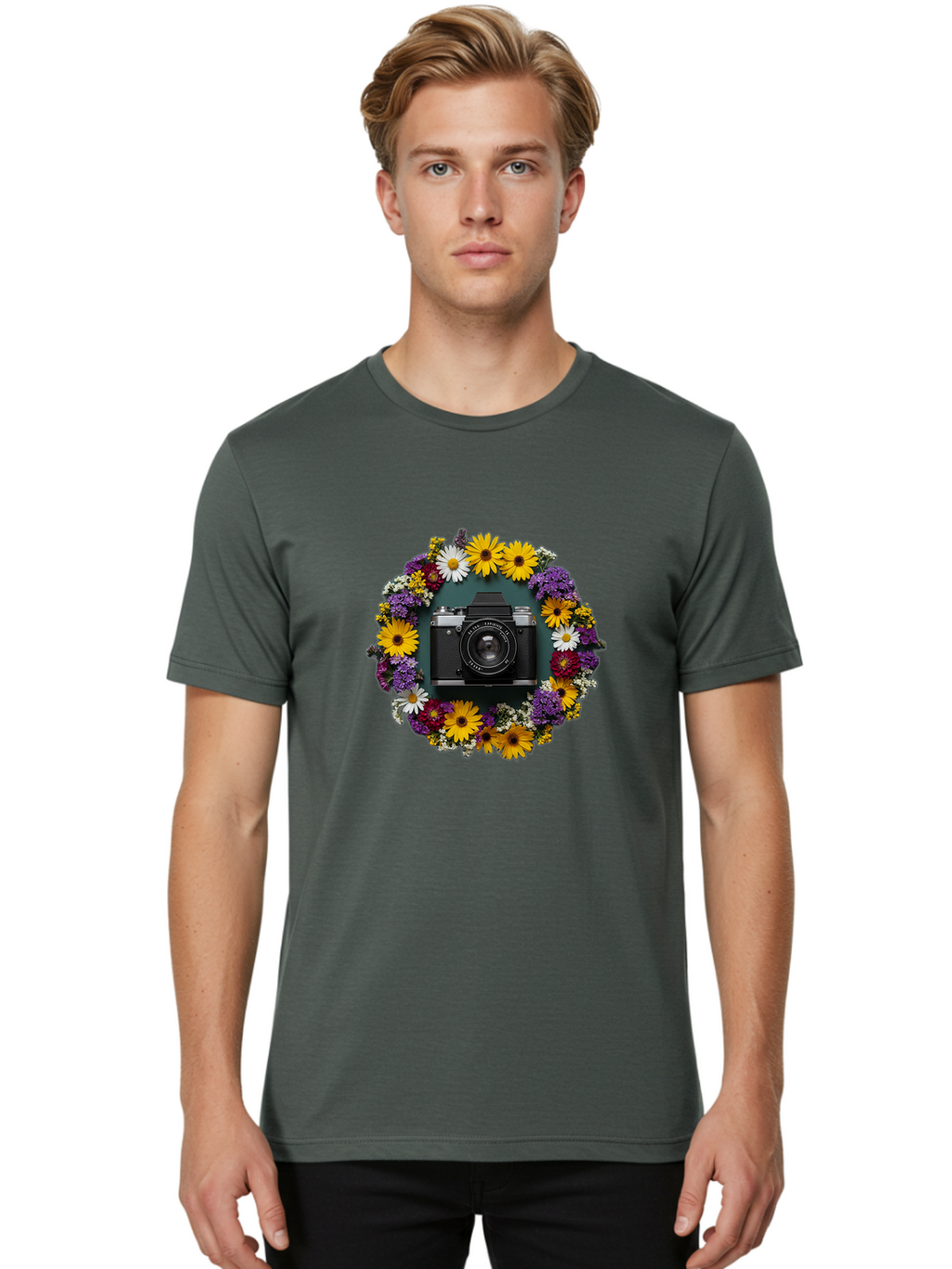 Camera-Lens-Surrounded-By-Flowers Men'S Graphic Tee, 100% Cotton, Comfortable Casual Summer Wear, Machine Washable, Vintage Camera, Old Camera, Antique Camera, Black Camera, Classic Photography, Photography Equipment, Nostalgic Device, Bak168