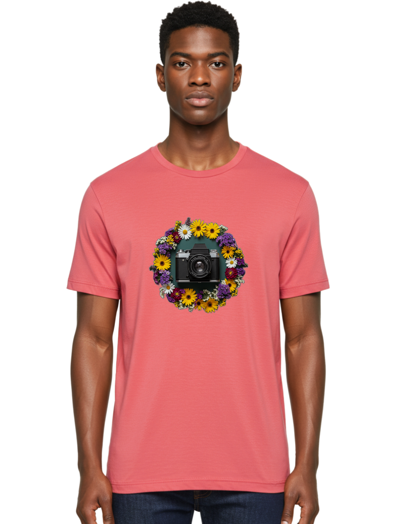 Camera-Lens-Surrounded-By-Flowers Men'S Graphic Tee, 100% Cotton, Comfortable Casual Summer Wear, Machine Washable, Vintage Camera, Old Camera, Antique Camera, Black Camera, Classic Photography, Photography Equipment, Nostalgic Device, Bak168