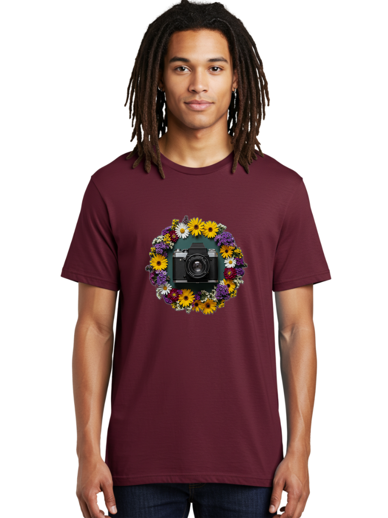 Camera-Lens-Surrounded-By-Flowers Men'S Graphic Tee, 100% Cotton, Comfortable Casual Summer Wear, Machine Washable, Vintage Camera, Old Camera, Antique Camera, Black Camera, Classic Photography, Photography Equipment, Nostalgic Device, Bak168