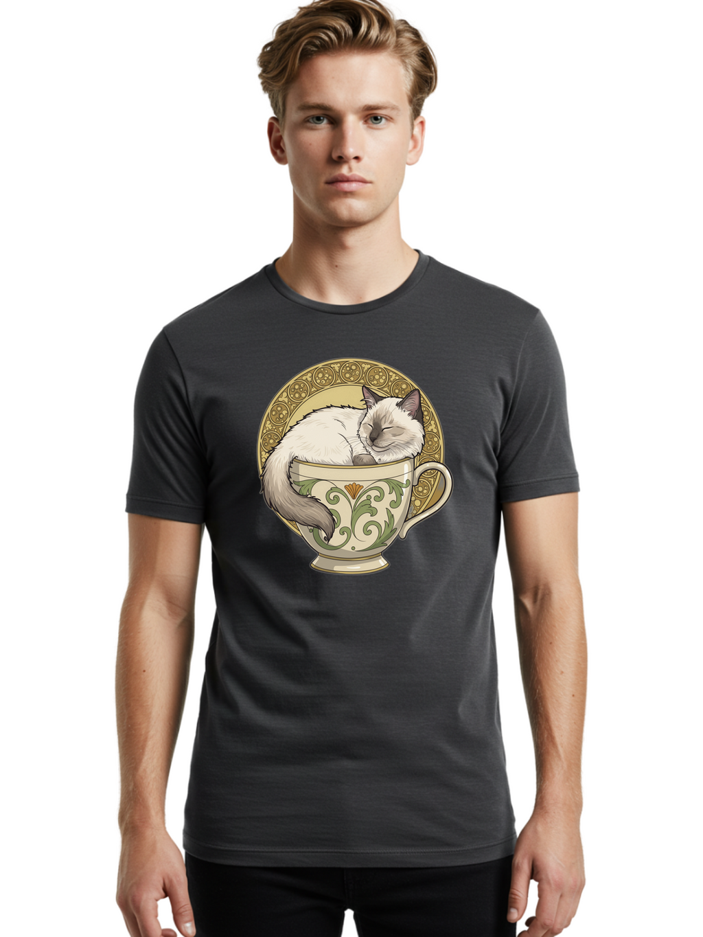 Cat-In-Tea-Cup-1 Men'S Graphic Tee, 100% Cotton, Comfortable Casual Summer Wear, Machine Washable, Vintage Camera, Old Camera, Antique Camera, Black Camera, Classic Photography, Photography Equipment, Nostalgic Device, Film Camera, Camera Art Bak209