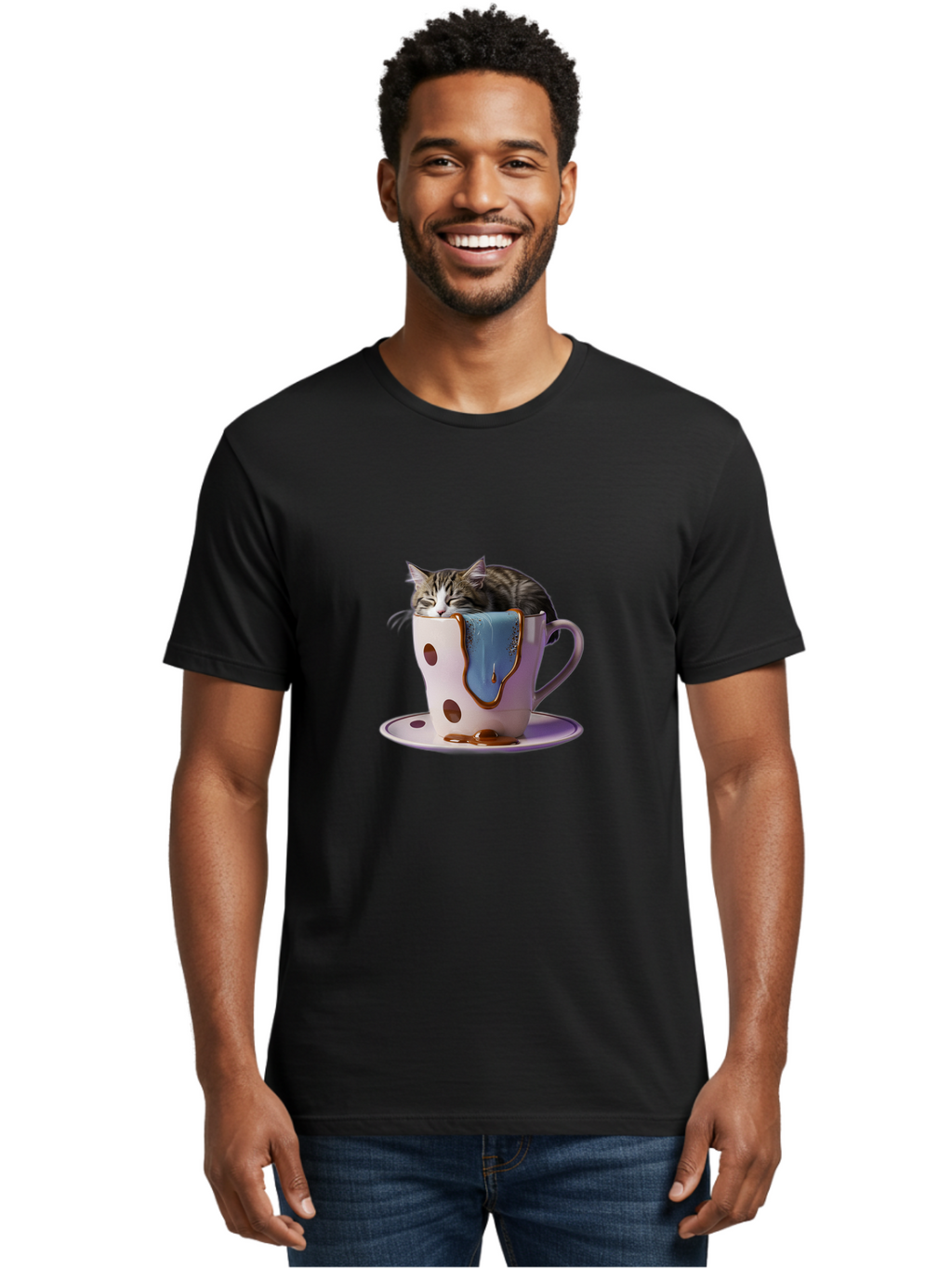 Cat-In-Tea-Cup-2 Men'S Graphic Tee, 100% Cotton, Comfortable Casual Summer Wear, Machine Washable, Vintage Camera, Old Camera, Antique Camera, Black Camera, Classic Photography, Photography Equipment, Nostalgic Device, Film Camera, Camera Art Bak210