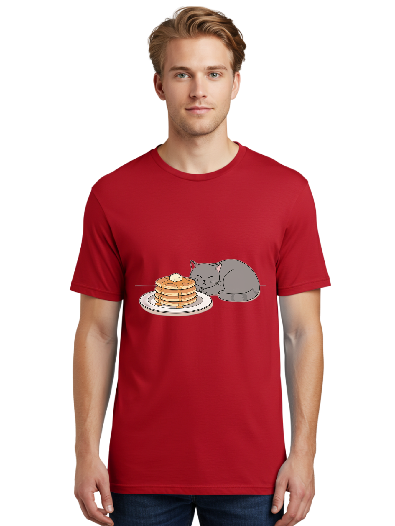 Cat-Sleeping-Next-To-Pancakes-1 Men'S Graphic Tee, 100% Cotton, Comfortable Casual Summer Wear, Machine Washable, Vintage Camera, Old Camera, Antique Camera, Black Camera, Classic Photography, Photography Equipment, Nostalgic Device, Bak218