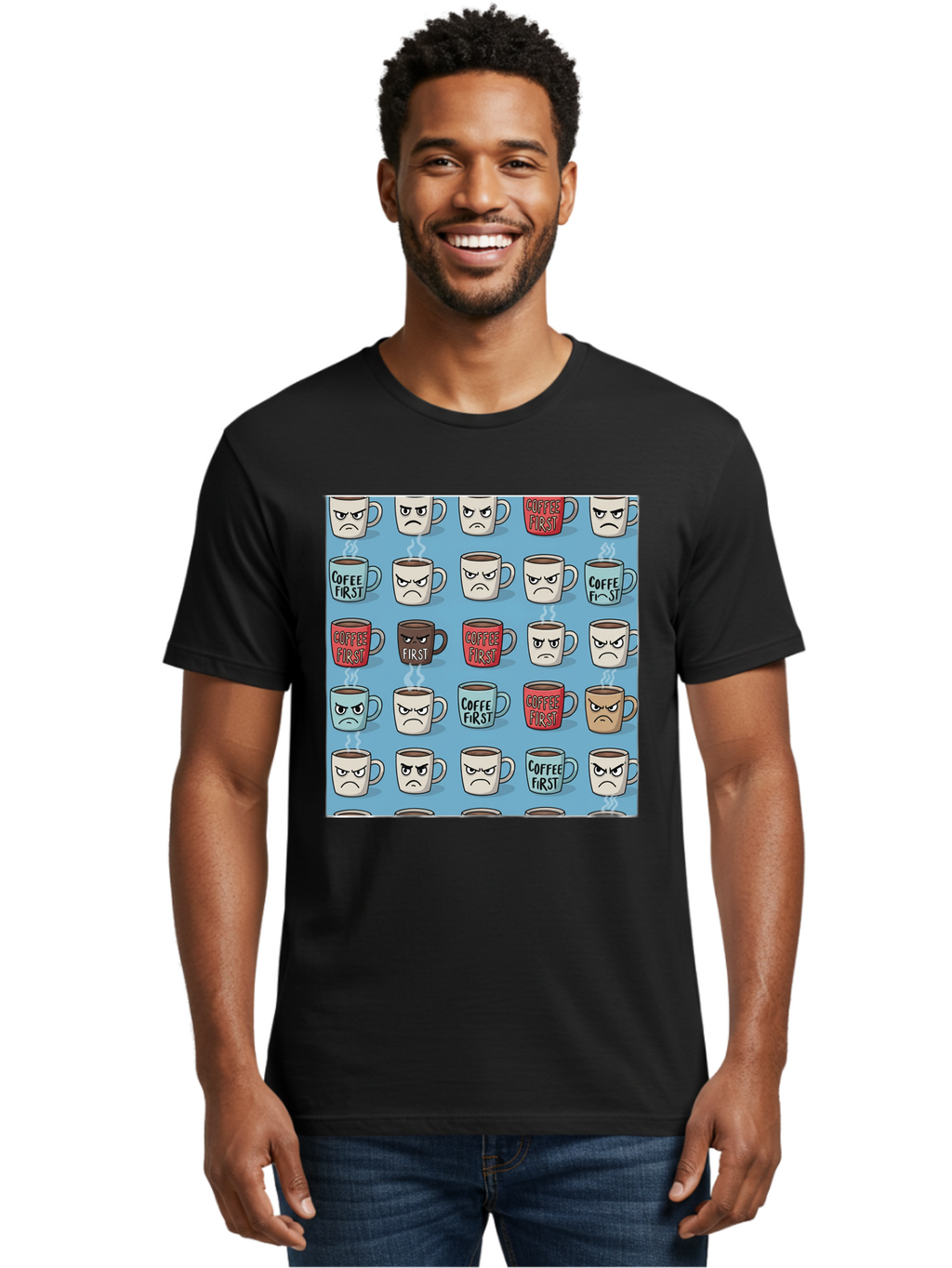 Coffee-First-1 Men'S Graphic Tee, 100% Cotton, Comfortable Casual Summer Wear, Machine Washable, Vintage Camera, Old Camera, Antique Camera, Black Camera, Classic Photography, Photography Equipment, Nostalgic Device, Film Camera, Camera Art Bak279