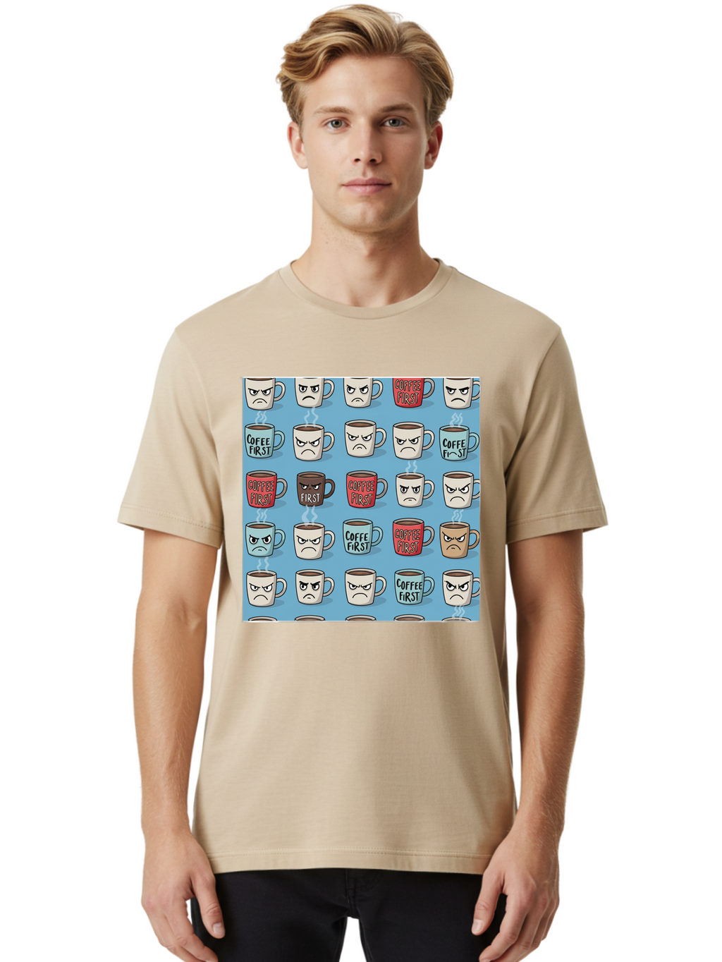 Coffee-First-1 Men'S Graphic Tee, 100% Cotton, Comfortable Casual Summer Wear, Machine Washable, Vintage Camera, Old Camera, Antique Camera, Black Camera, Classic Photography, Photography Equipment, Nostalgic Device, Film Camera, Camera Art Bak279