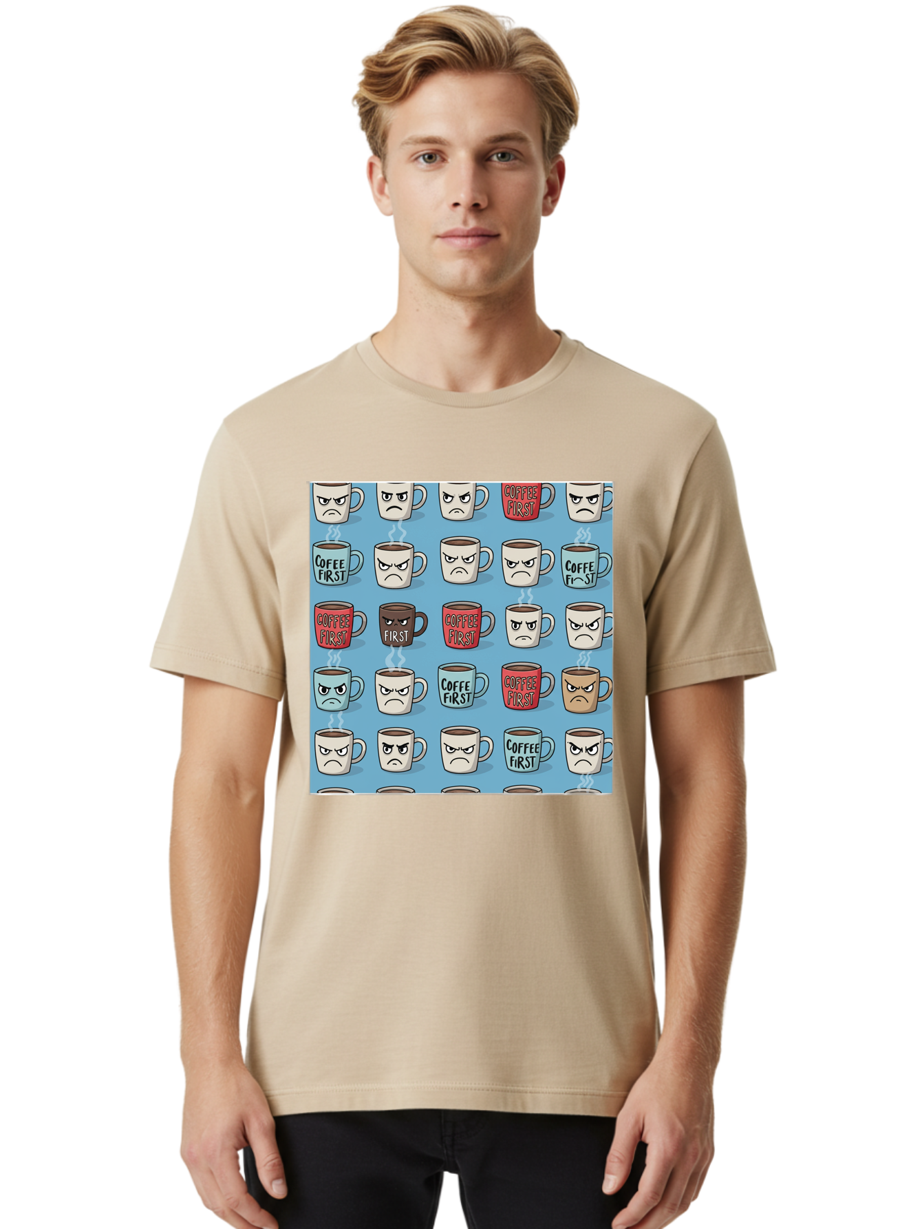 Coffee-First-1 Men'S Graphic Tee, 100% Cotton, Comfortable Casual Summer Wear, Machine Washable, Vintage Camera, Old Camera, Antique Camera, Black Camera, Classic Photography, Photography Equipment, Nostalgic Device, Film Camera, Camera Art Bak279
