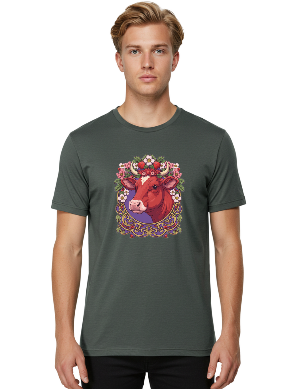Cow-Floral-Crown Men'S Graphic Tee, 100% Cotton, Comfortable Casual Summer Wear, Machine Washable, Vintage Camera, Old Camera, Antique Camera, Black Camera, Classic Photography, Photography Equipment, Nostalgic Device, Film Camera, Camera Art Bak299