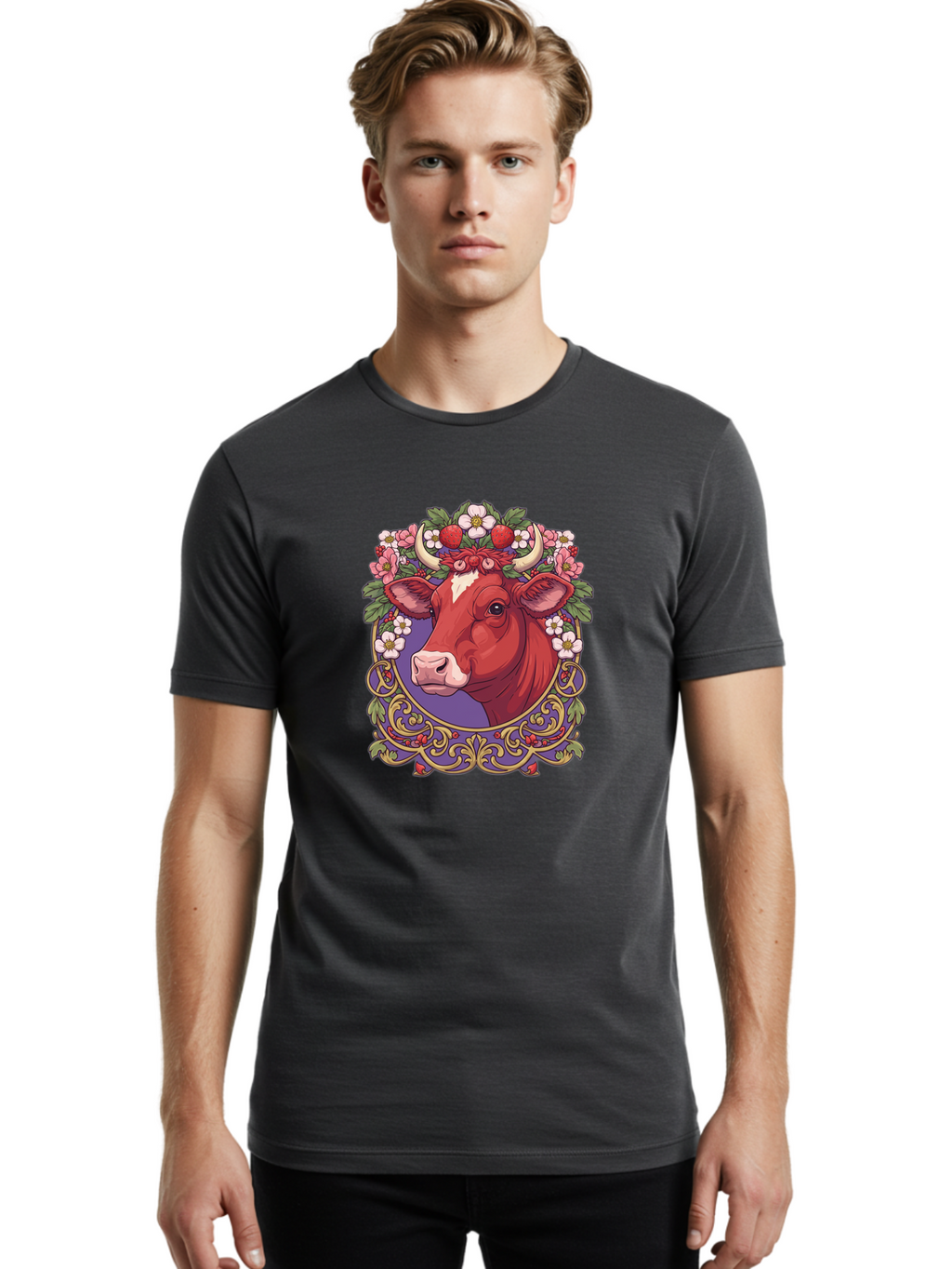 Cow-Floral-Crown Men'S Graphic Tee, 100% Cotton, Comfortable Casual Summer Wear, Machine Washable, Vintage Camera, Old Camera, Antique Camera, Black Camera, Classic Photography, Photography Equipment, Nostalgic Device, Film Camera, Camera Art Bak299