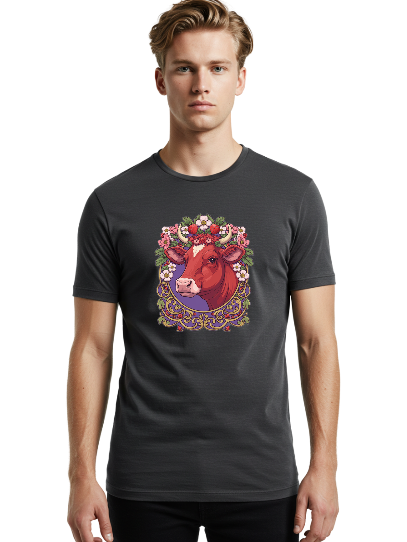 Cow-Floral-Crown Men'S Graphic Tee, 100% Cotton, Comfortable Casual Summer Wear, Machine Washable, Vintage Camera, Old Camera, Antique Camera, Black Camera, Classic Photography, Photography Equipment, Nostalgic Device, Film Camera, Camera Art Bak299