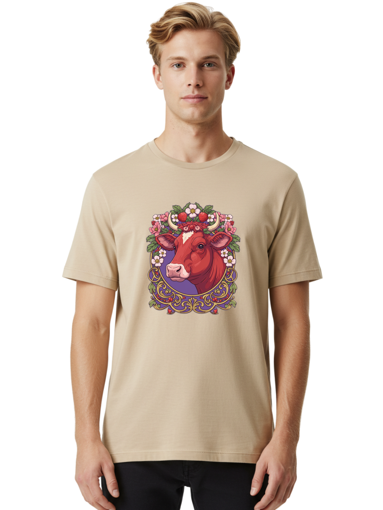 Cow-Floral-Crown Men'S Graphic Tee, 100% Cotton, Comfortable Casual Summer Wear, Machine Washable, Vintage Camera, Old Camera, Antique Camera, Black Camera, Classic Photography, Photography Equipment, Nostalgic Device, Film Camera, Camera Art Bak299