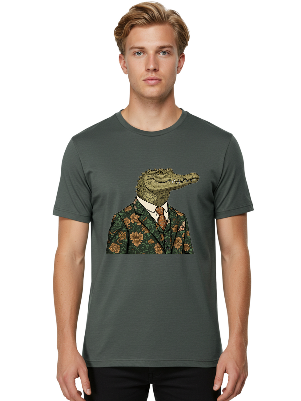 Crocodile-In-Floral-Suit Men'S Graphic Tee, 100% Cotton, Comfortable Casual Summer Wear, Machine Washable, Vintage Camera, Old Camera, Antique Camera, Black Camera, Classic Photography, Photography Equipment, Nostalgic Device, Film Camera, Bak322