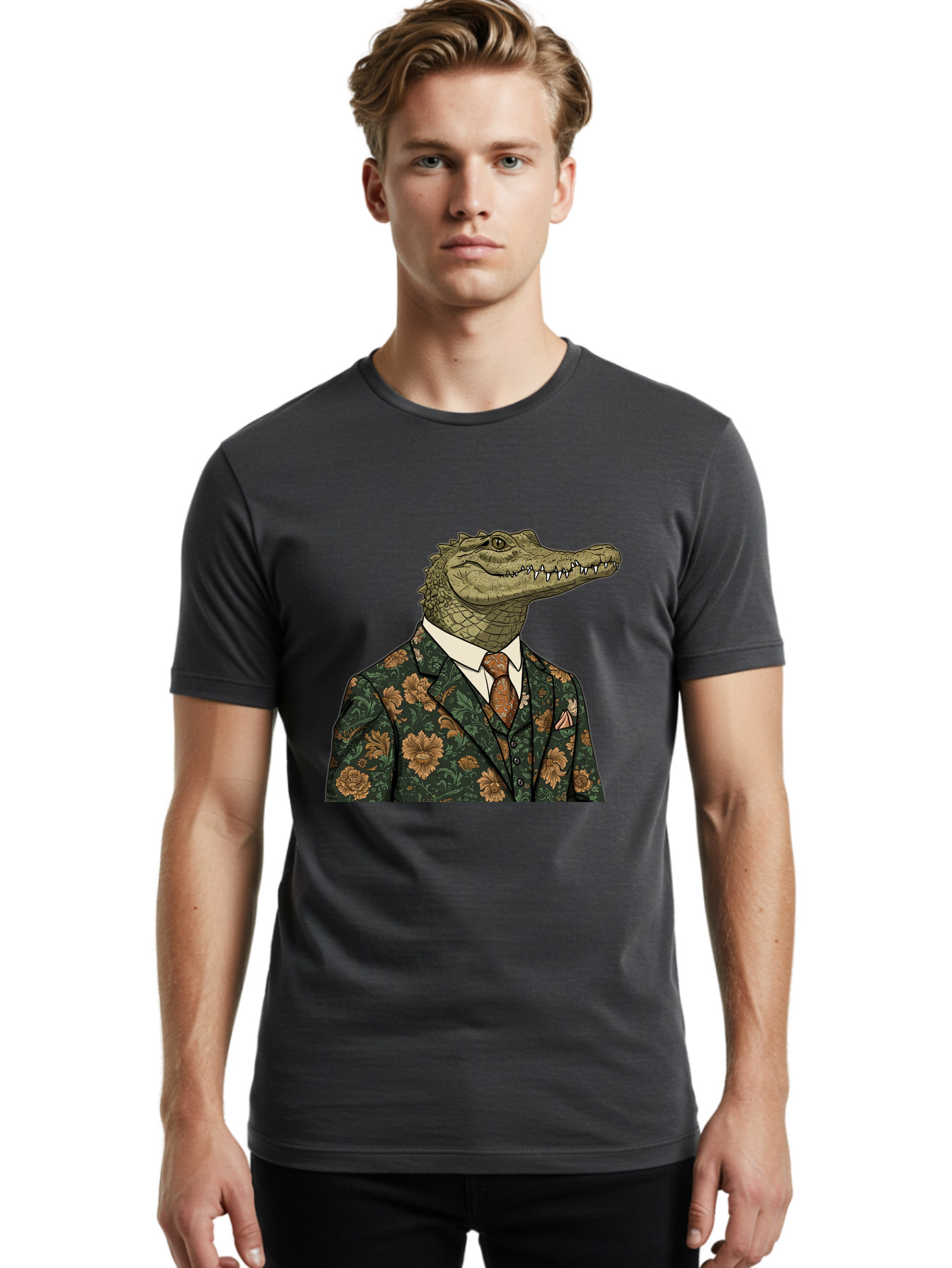 Crocodile-In-Floral-Suit Men'S Graphic Tee, 100% Cotton, Comfortable Casual Summer Wear, Machine Washable, Vintage Camera, Old Camera, Antique Camera, Black Camera, Classic Photography, Photography Equipment, Nostalgic Device, Film Camera, Bak322