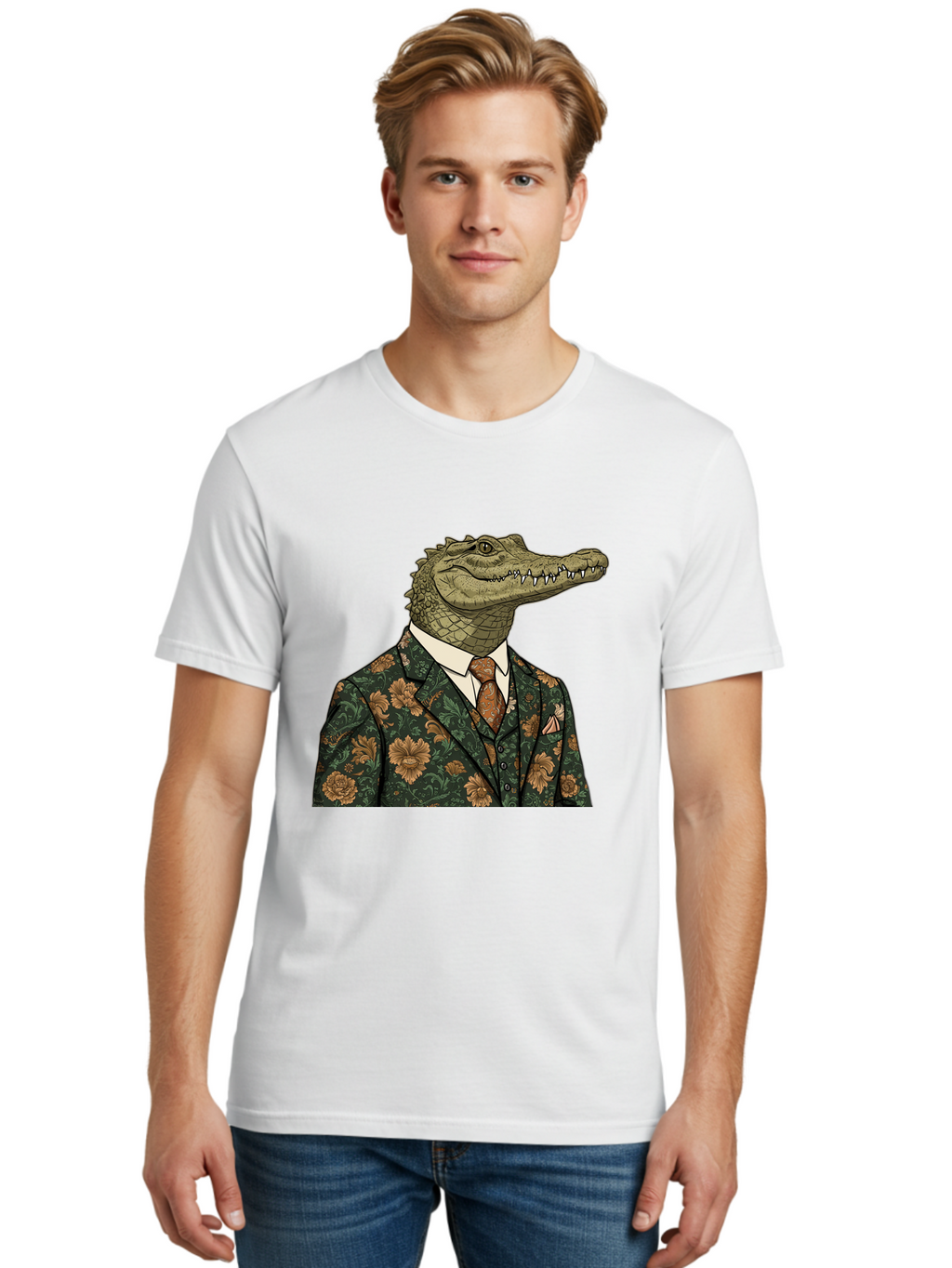 Crocodile-In-Floral-Suit Men'S Graphic Tee, 100% Cotton, Comfortable Casual Summer Wear, Machine Washable, Vintage Camera, Old Camera, Antique Camera, Black Camera, Classic Photography, Photography Equipment, Nostalgic Device, Film Camera, Bak322
