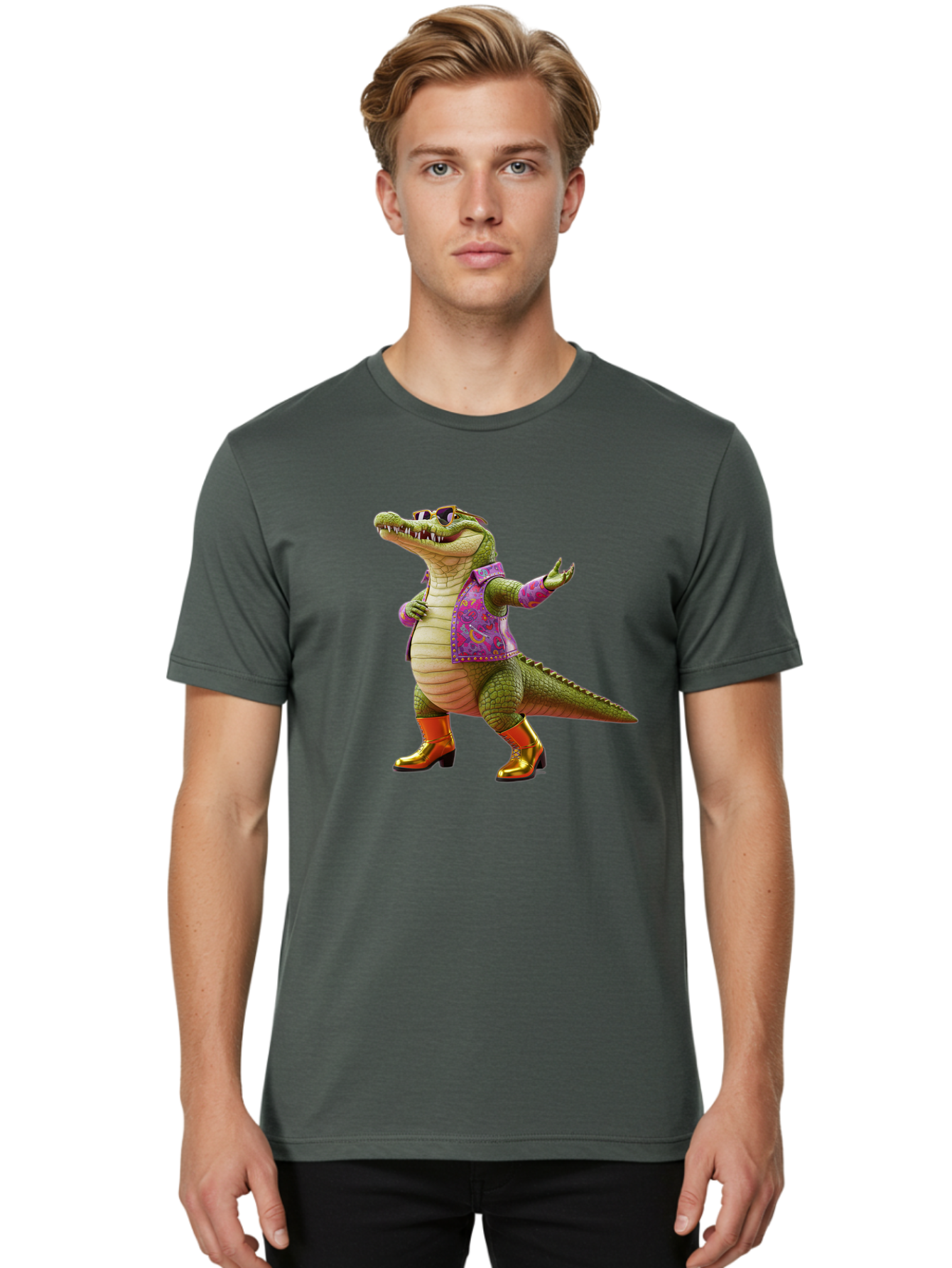 Crocodile-In-Purple-Jacket Men'S Graphic Tee, 100% Cotton, Comfortable Casual Summer Wear, Machine Washable, Vintage Camera, Old Camera, Antique Camera, Black Camera, Classic Photography, Photography Equipment, Nostalgic Device, Film Camera, Bak323