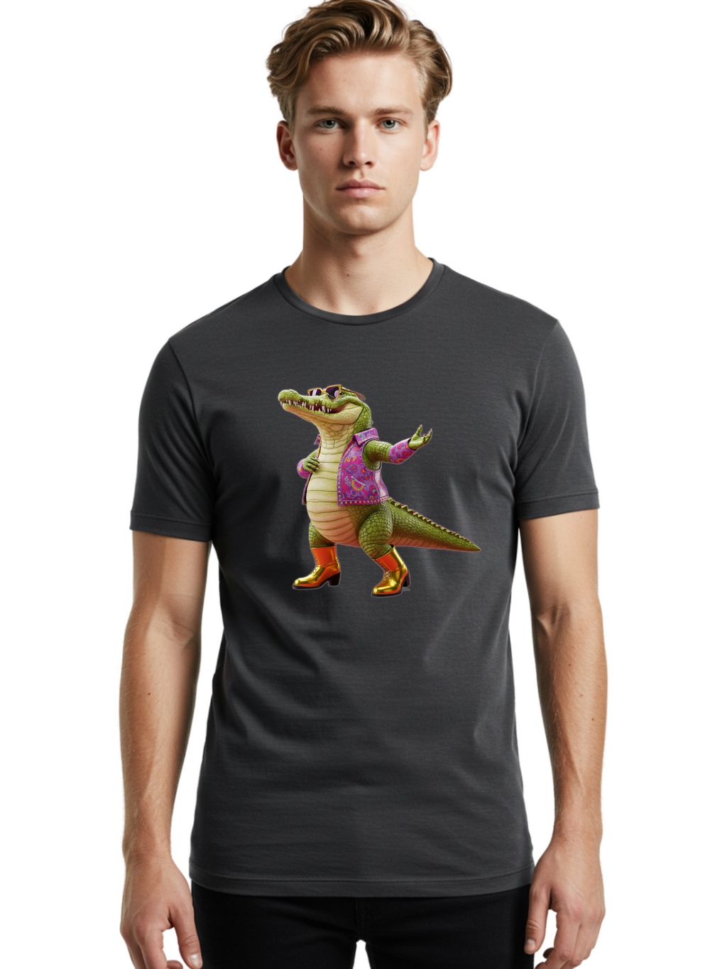 Crocodile-In-Purple-Jacket Men'S Graphic Tee, 100% Cotton, Comfortable Casual Summer Wear, Machine Washable, Vintage Camera, Old Camera, Antique Camera, Black Camera, Classic Photography, Photography Equipment, Nostalgic Device, Film Camera, Bak323