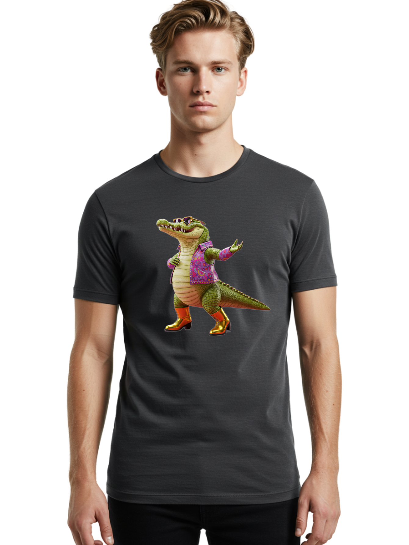 Crocodile-In-Purple-Jacket Men'S Graphic Tee, 100% Cotton, Comfortable Casual Summer Wear, Machine Washable, Vintage Camera, Old Camera, Antique Camera, Black Camera, Classic Photography, Photography Equipment, Nostalgic Device, Film Camera, Bak323